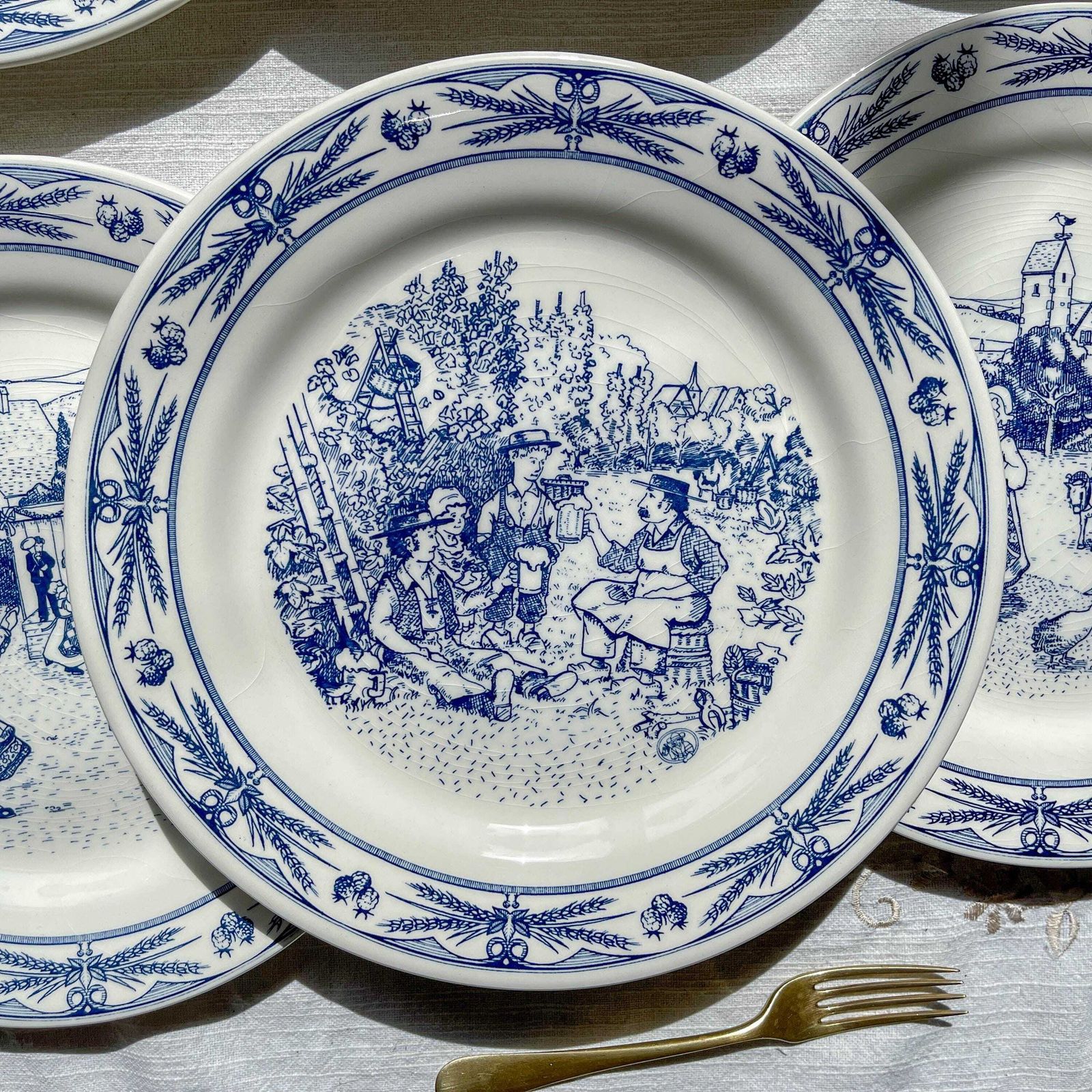 Set Of 7 Antique Gien Earthenware Dinner Plates   Ball Scene   Alsatian Village Festival   Decoration photo for sale