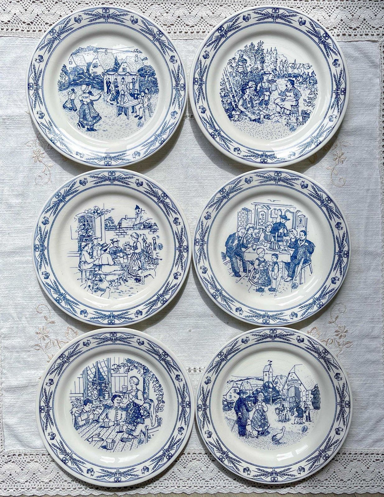 photo furniture Set Of 7 Antique Gien Earthenware Dinner Plates   Ball Scene   Alsatian Village Festival   Decoration
