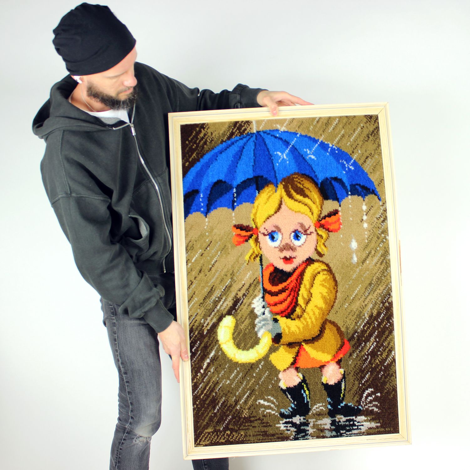 Large Vintage Tapestry Of Cartoon Girl In Frame, Czechoslovakia 1970s