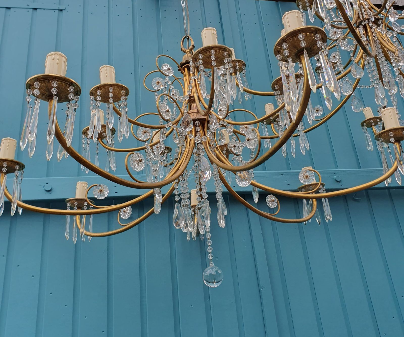 photo vinterior Early 20th Century Pair Of Large Two Tier Chandeliers With Cut Glass Crystal 42"