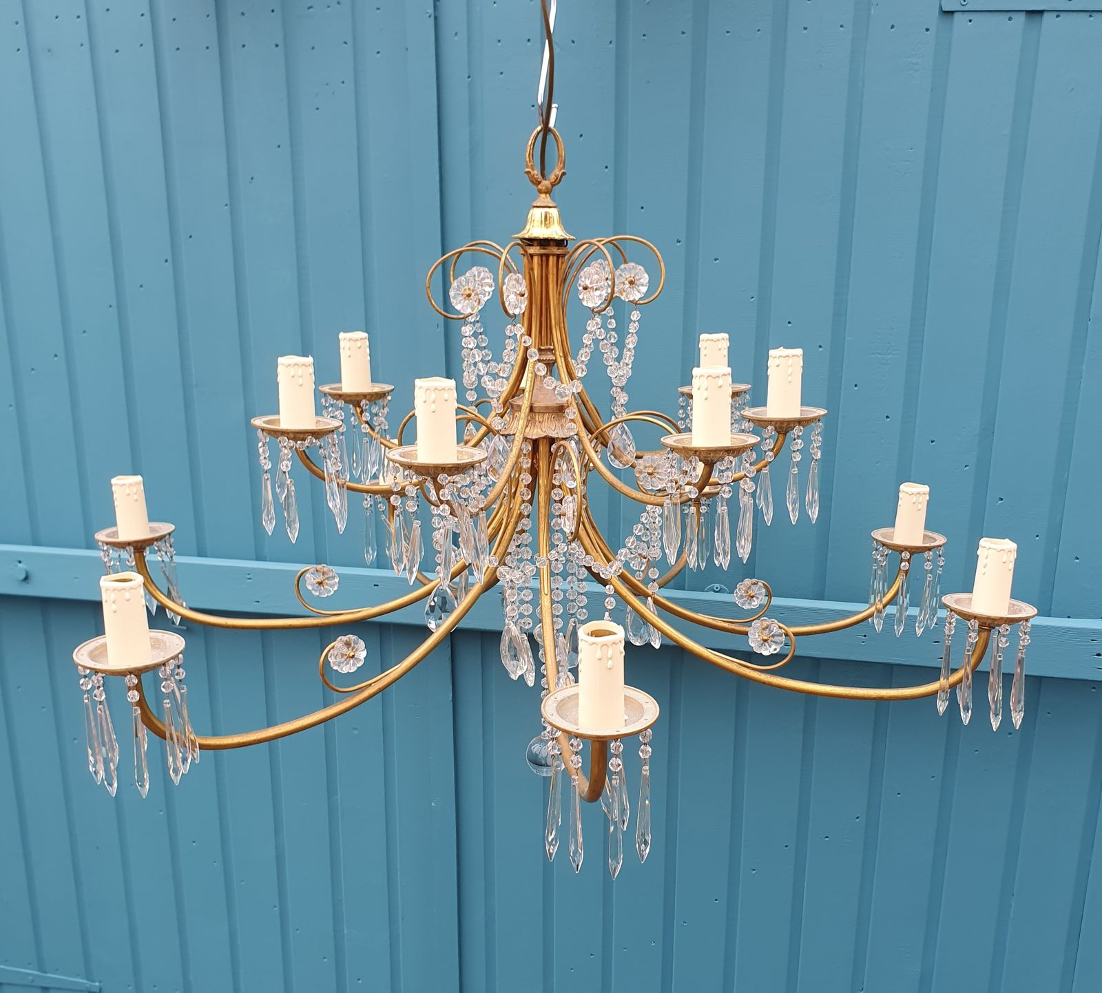 photo buy Early 20th Century Pair Of Large Two Tier Chandeliers With Cut Glass Crystal 42"