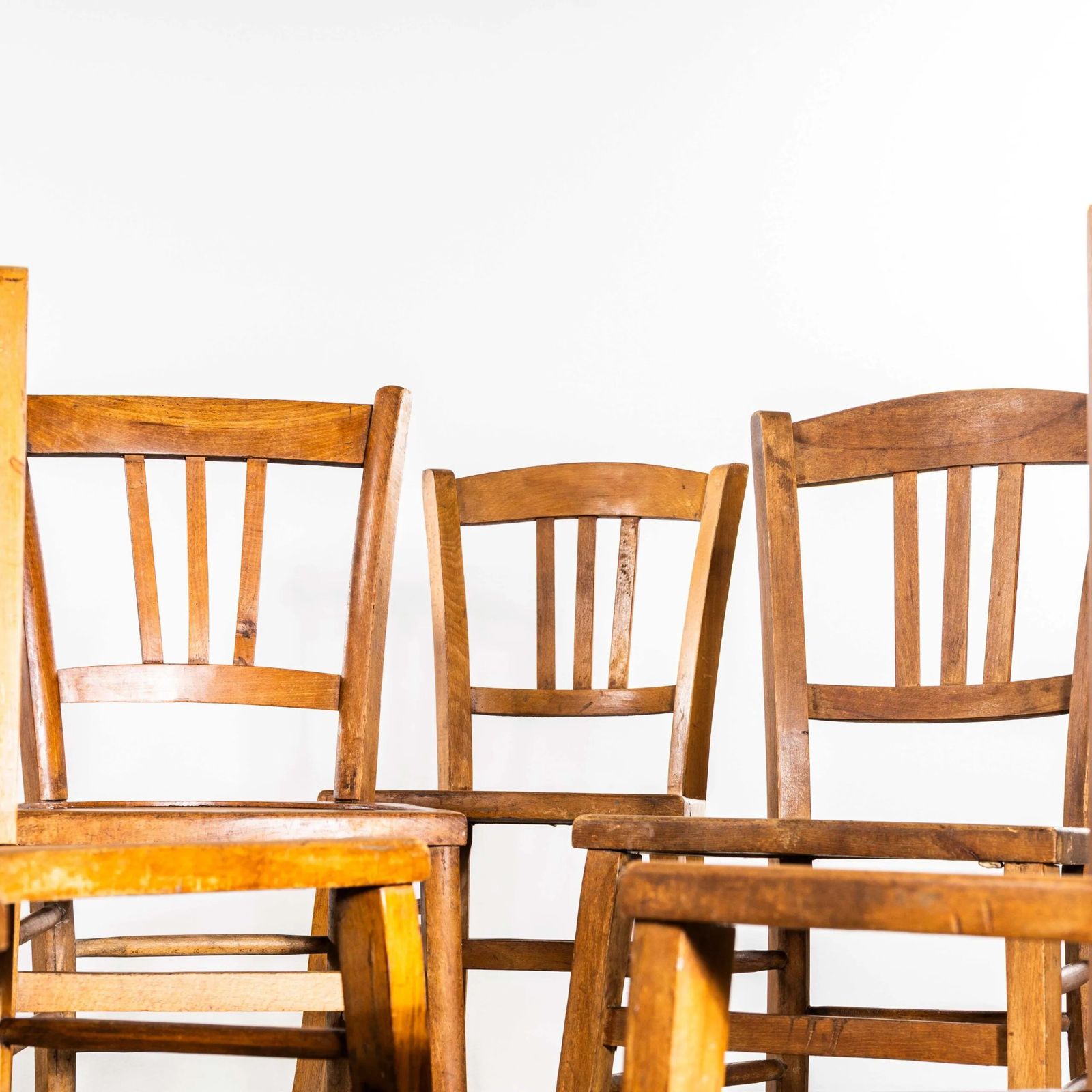 1930’s French Farmhouse Perforated Seat Dining Chairs – Set Of Eight photo for sale