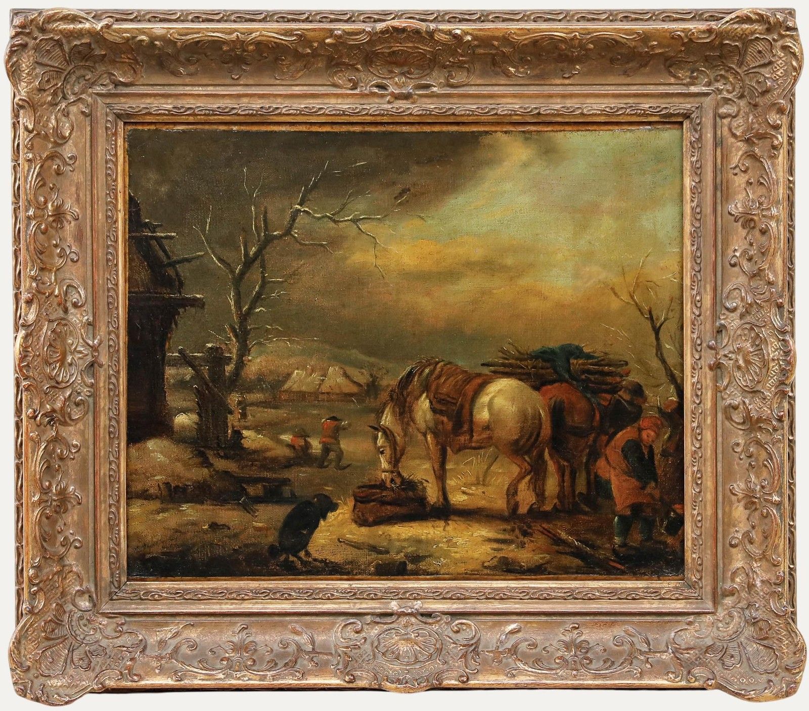 Framed 18th Century Oil Horses In A Winter Landscape