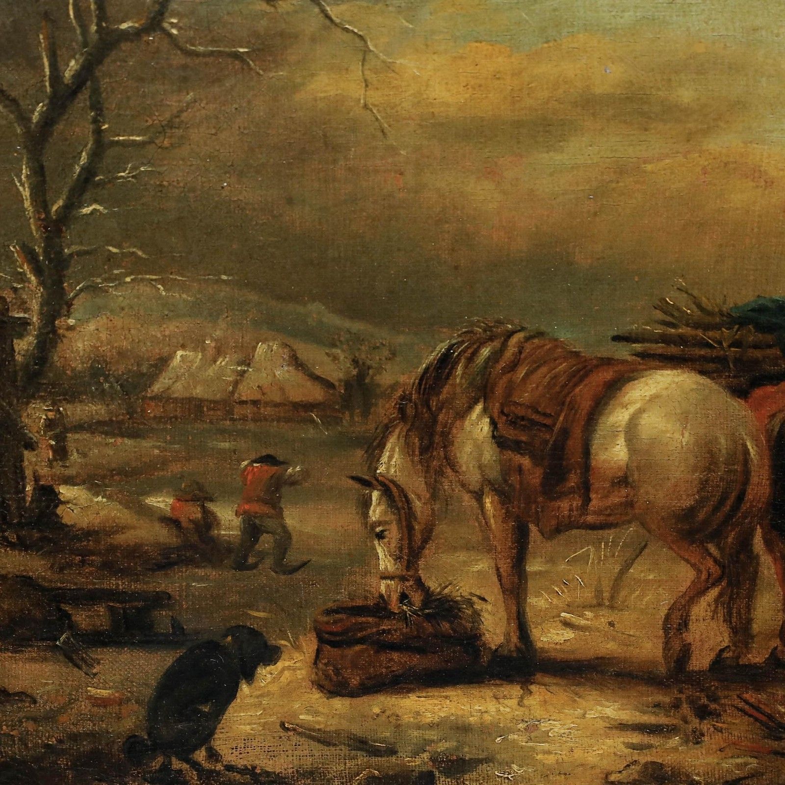 Framed 18th Century Oil Horses In A Winter Landscape photo Art