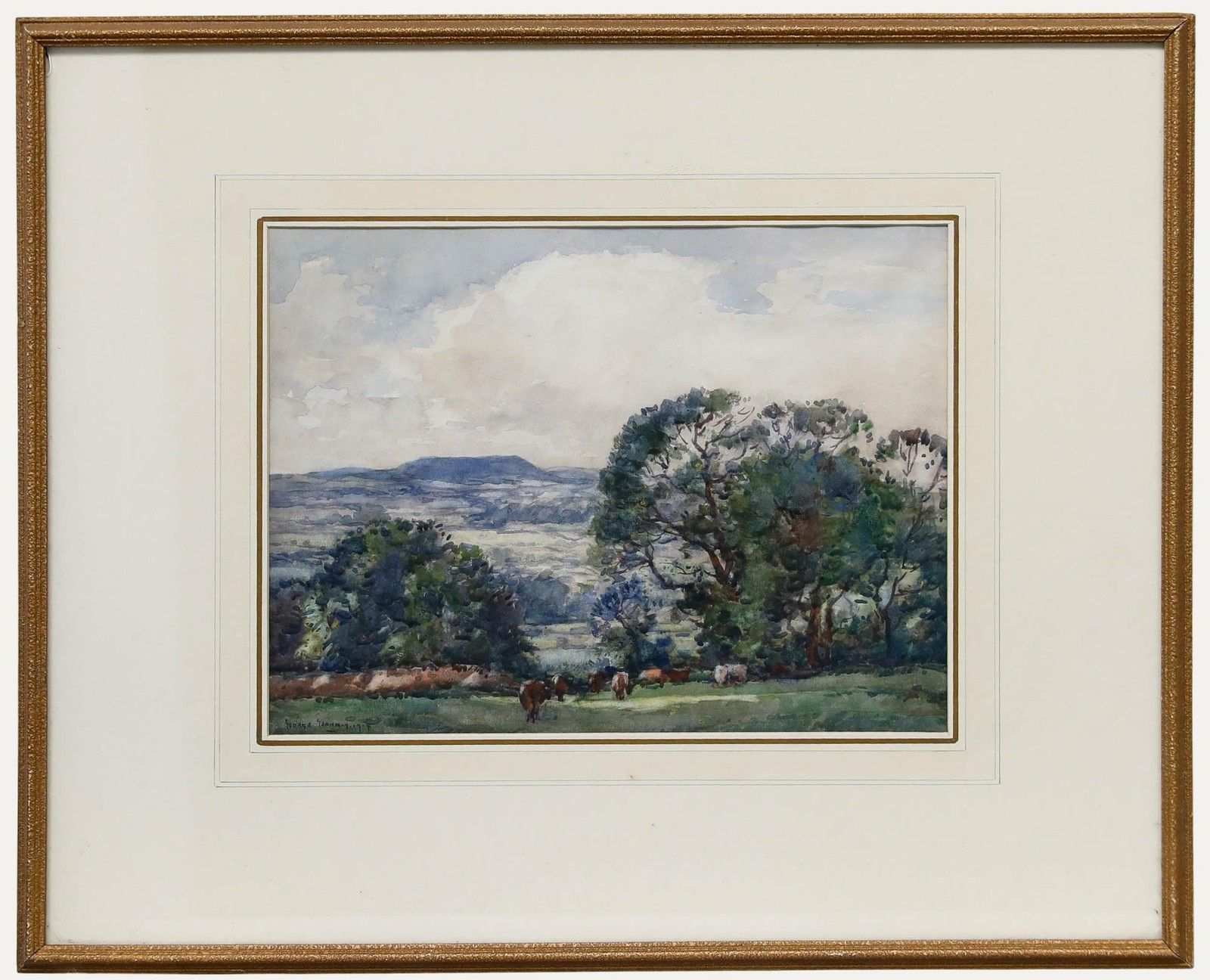 George Graham (1881 1949) Framed 1914 Watercolour, Grazing Cattle