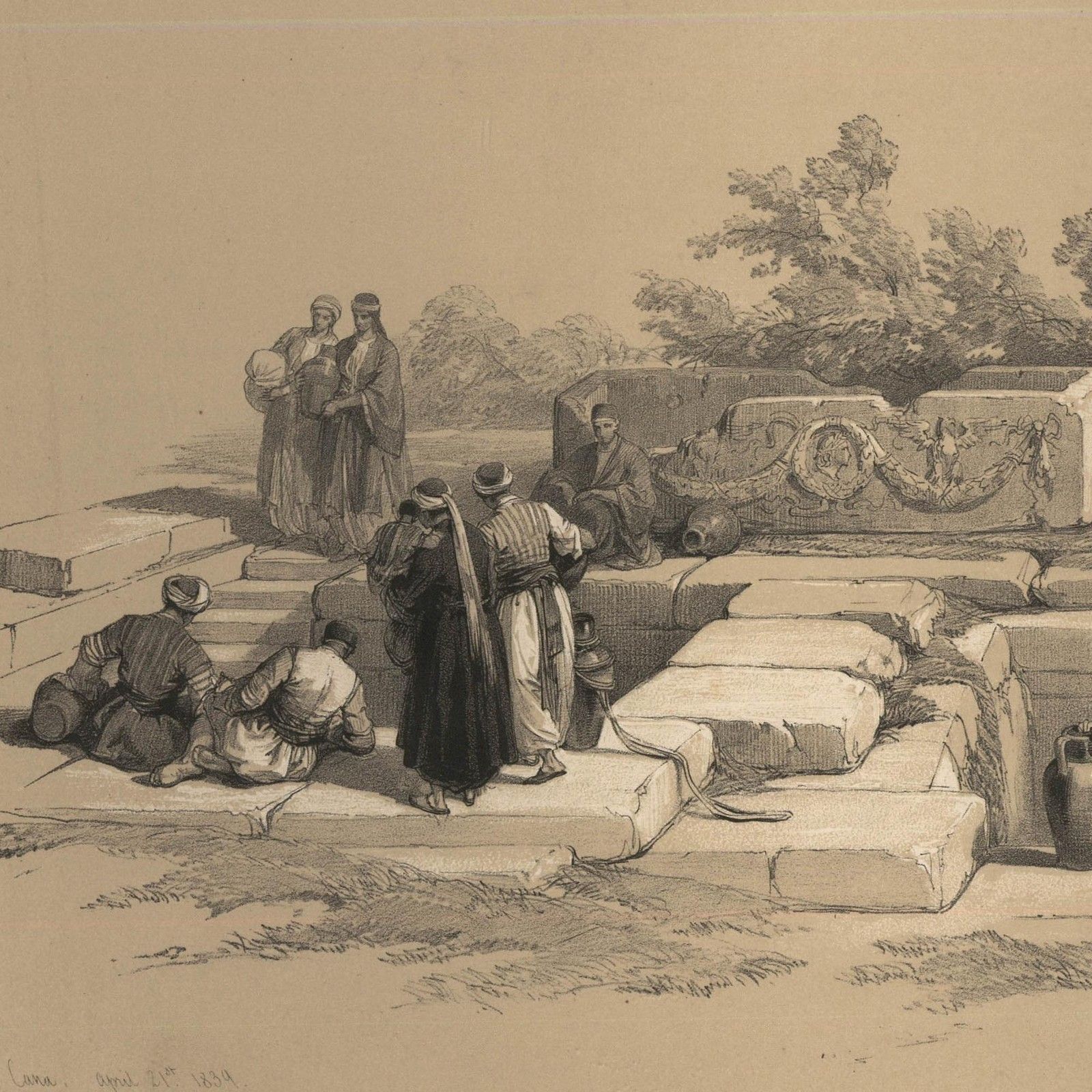 Louis Haghe After David Roberts 19th Century Lithograph, Fountain Of Cana photo Art