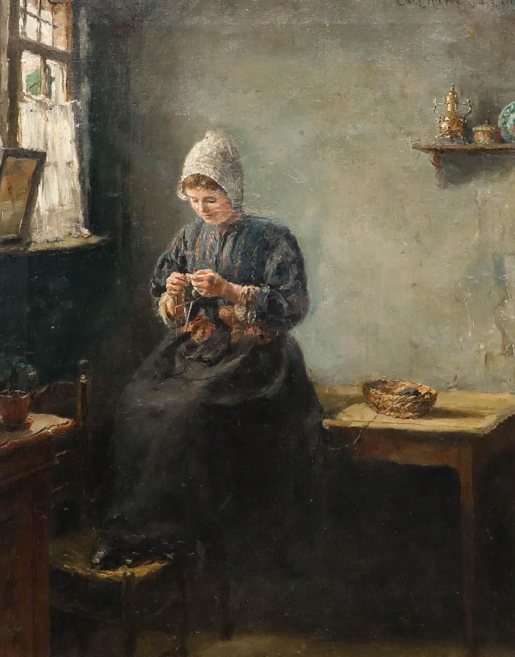 Carl Haver (1859 1920) Framed 1910 Oil, Young Woman Knitting photo furniture