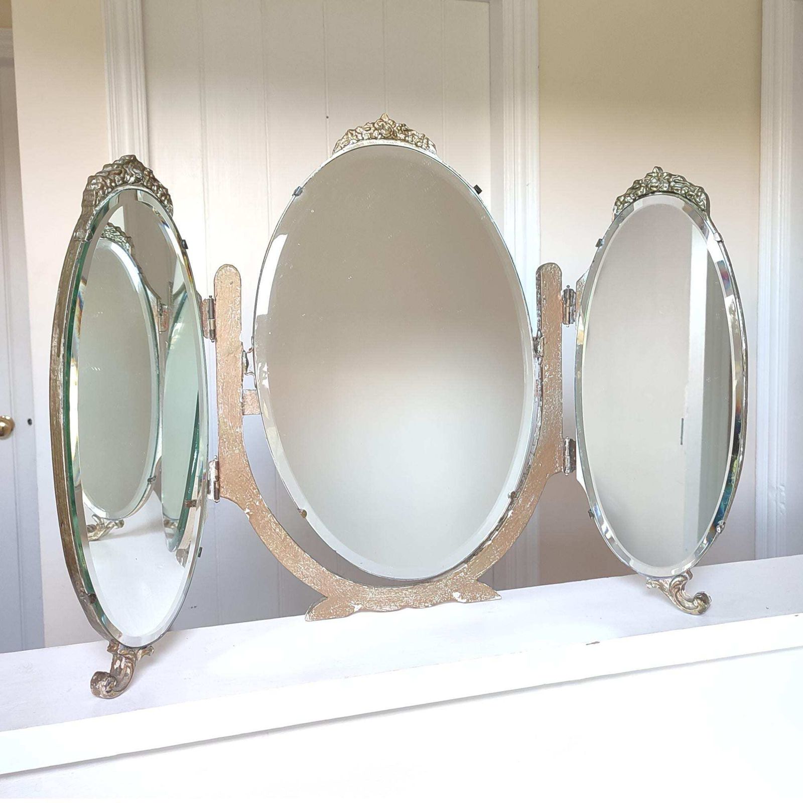 Miss Haversham's Romantic Ruin: Shabby Chic Gold Gilt Triptych Triple Vanity Mirror photo furniture