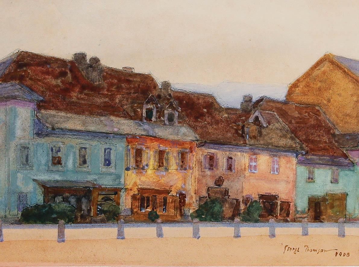 George Thomson (1860 1939) Framed 1908 Watercolour, Row Of Houses photo furniture