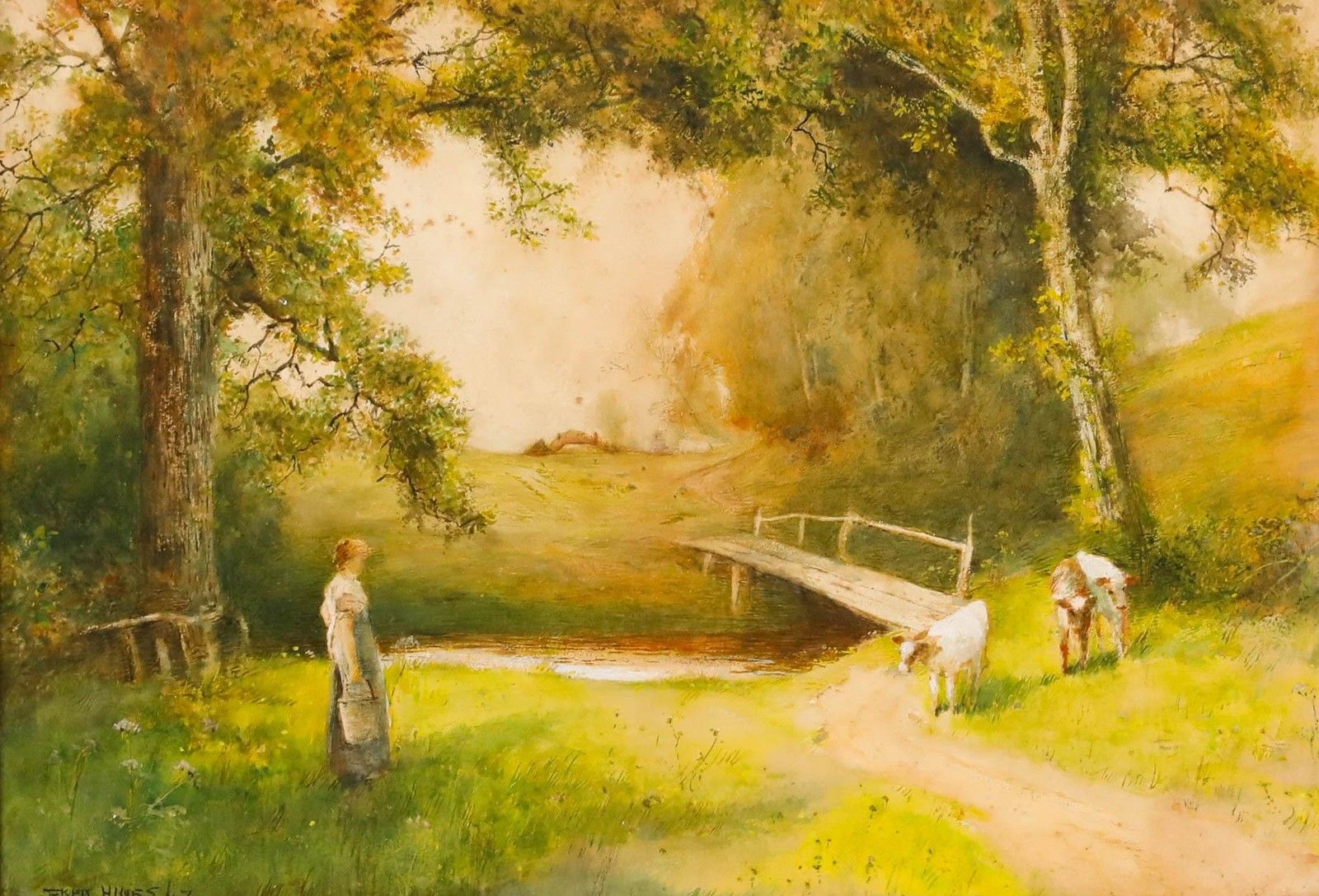 Frederick Hines (Fl.1875 1928) Framed Watercolour, Cattle Beside A Footbridge photo furniture