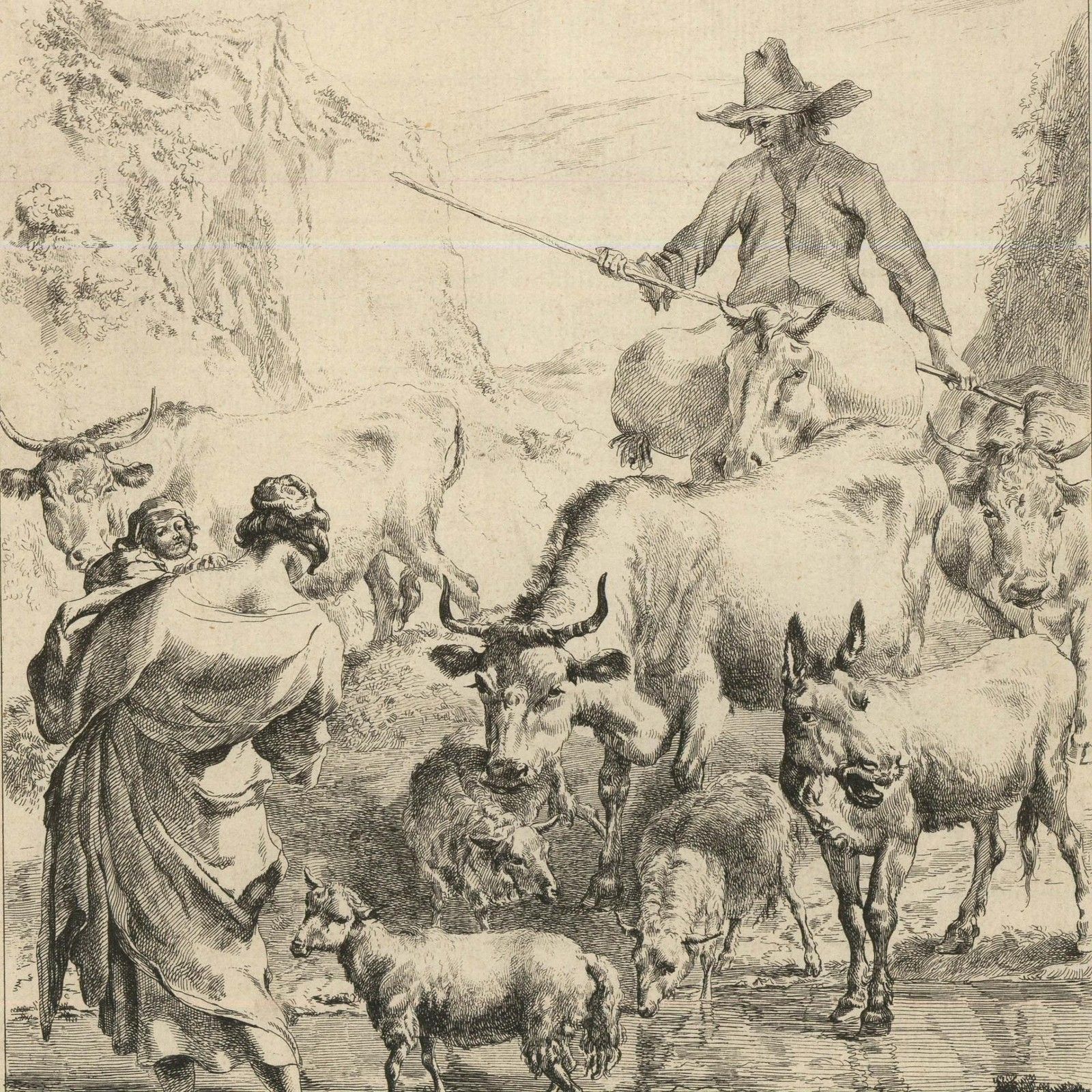 Nicolaes Berchem (1620 1683) 19th Century Etching, The Herd Crossing The Brook photo for sale