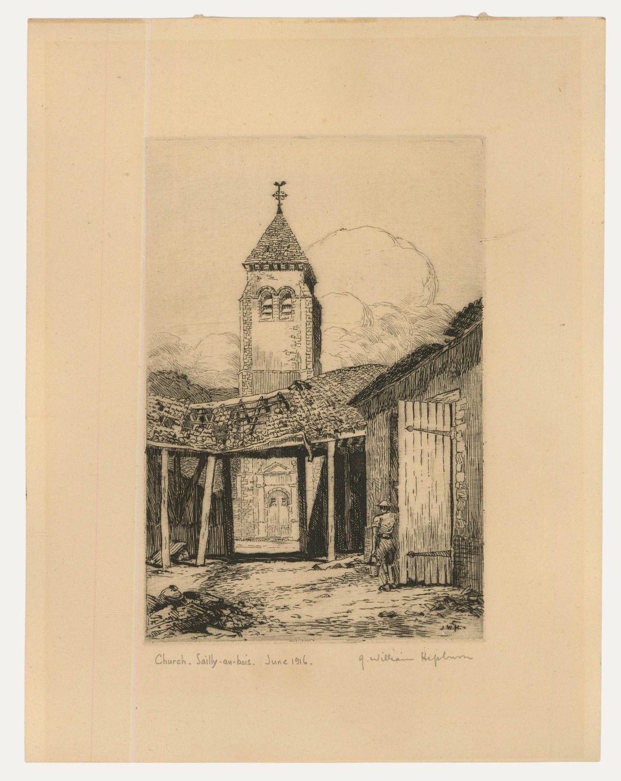 J. William Hepburn (1881 1961) Early 20th Century Etching, Sailly Au Bois
