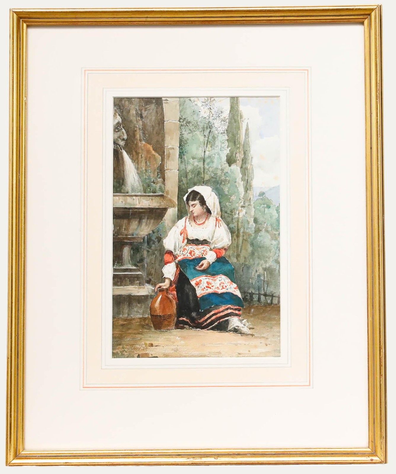 Framed 19th Century Watercolour Girl By The Fountain