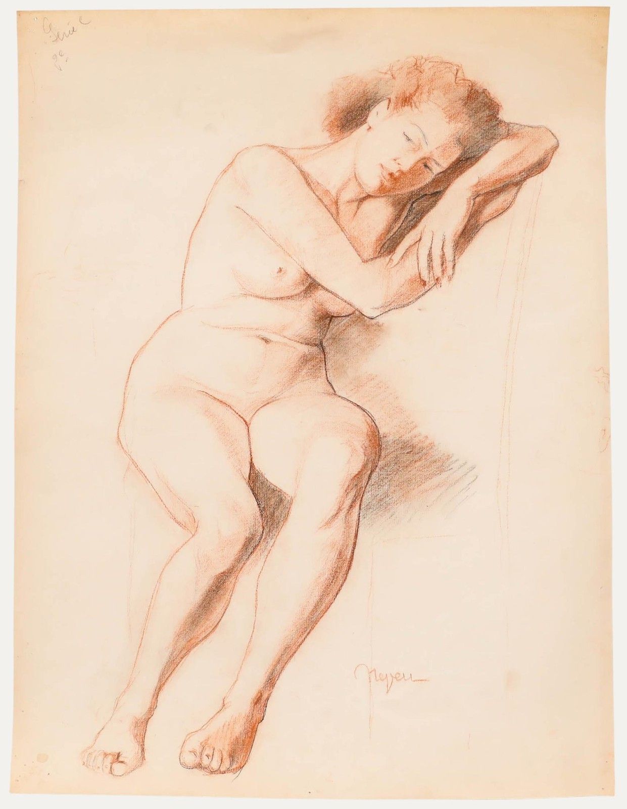 Pierre Neveu (B.1929) Mid 20th Century Chalk Drawing, Lady In Sanguine