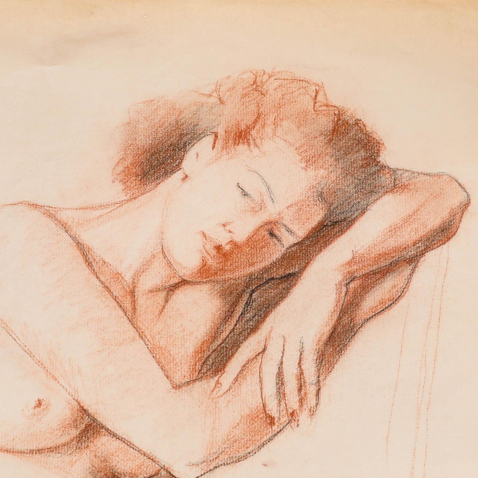 Pierre Neveu (B.1929) Mid 20th Century Chalk Drawing, Lady In Sanguine photo Art