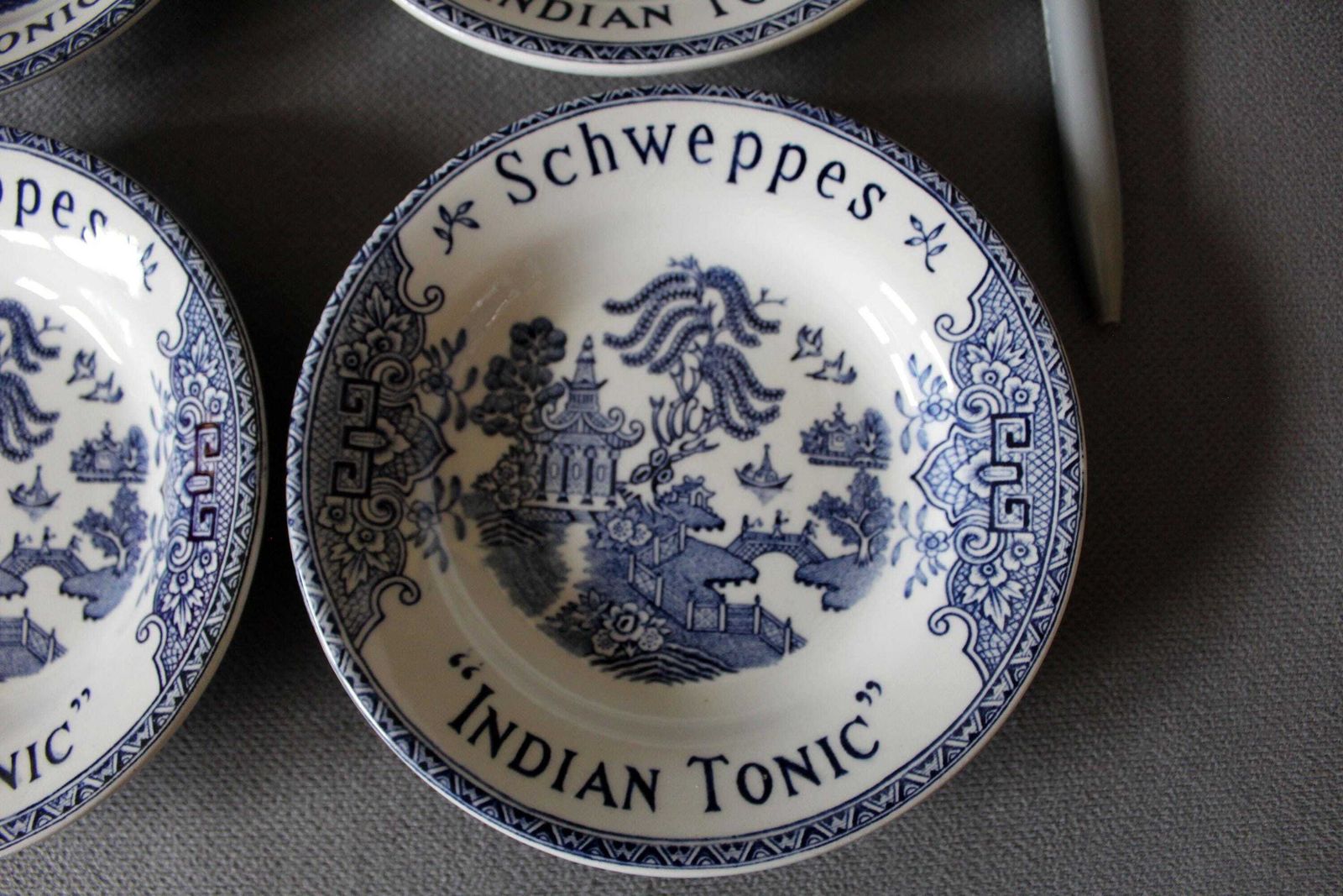 Set Of 6 Vintage French Schweppes Small Dish Indian Tonic, K & G Luneville France, Advertising, Bistro, Blue And White Willow Pattern photo 85.0