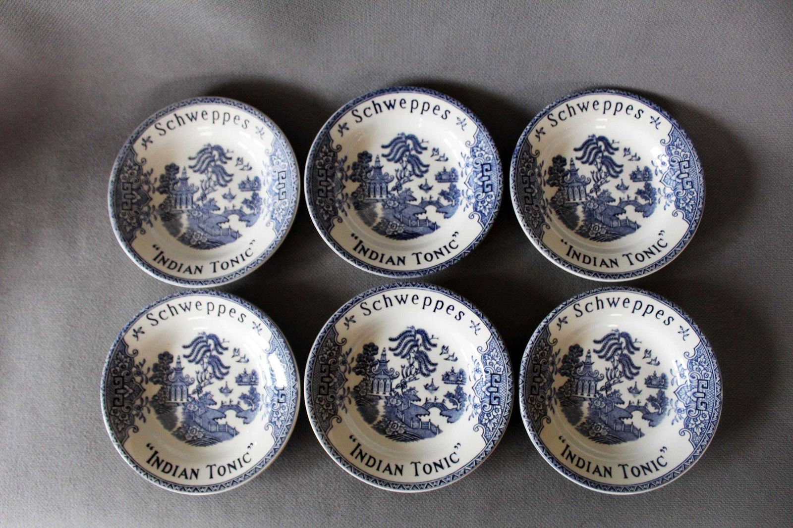 photo furniture Set Of 6 Vintage French Schweppes Small Dish Indian Tonic, K & G Luneville France, Advertising, Bistro, Blue And White Willow Pattern