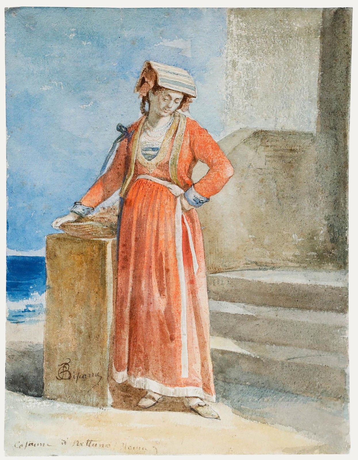 Circle Of Amadeo Preziosi, Early 20th Century Watercolour, Woman By The Sea
