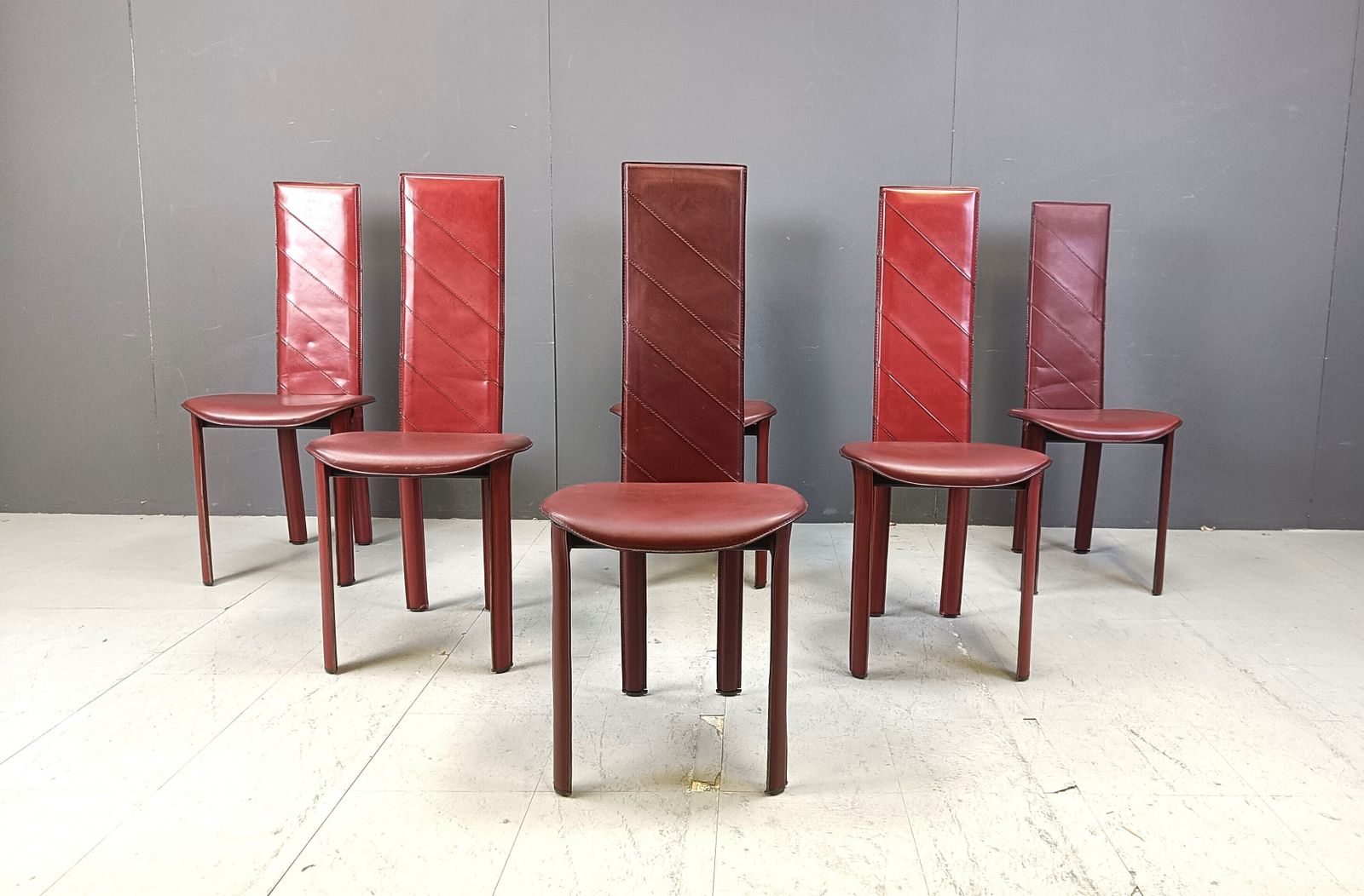 Set Of 6 Italian Dark Red Leather Dining Chairs, 1980s photo furniture