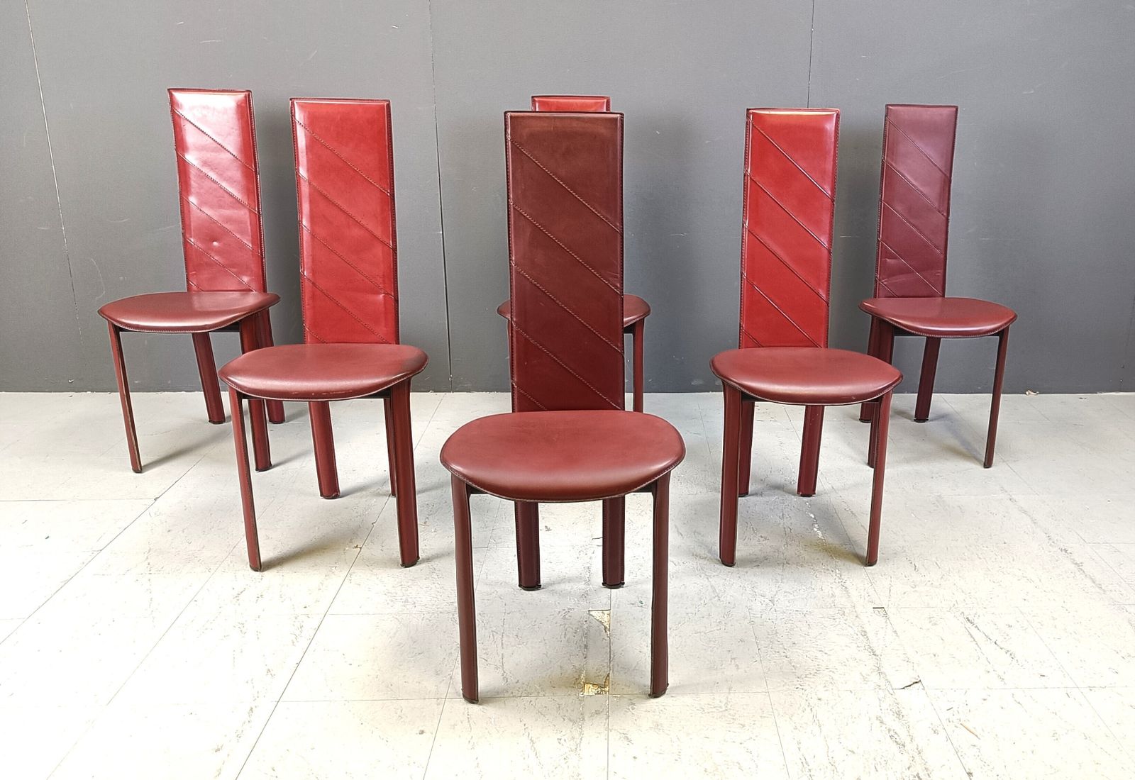 Set Of 6 Italian Dark Red Leather Dining Chairs, 1980s photo for sale