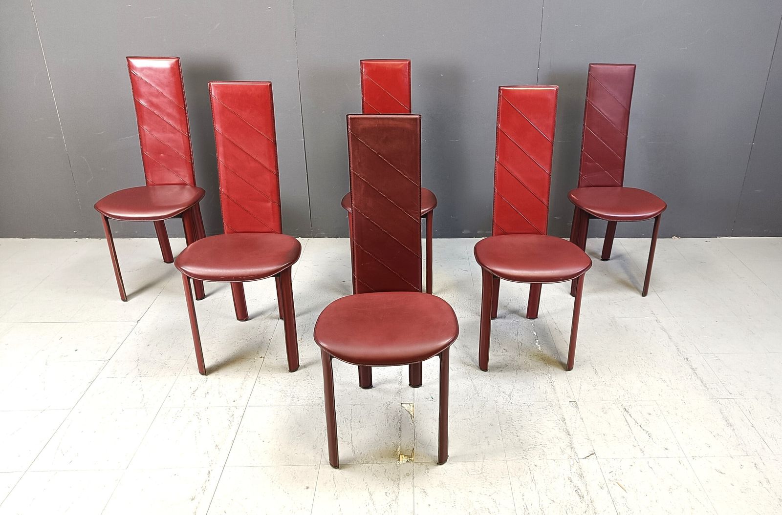 Set Of 6 Italian Dark Red Leather Dining Chairs, 1980s photo Furniture