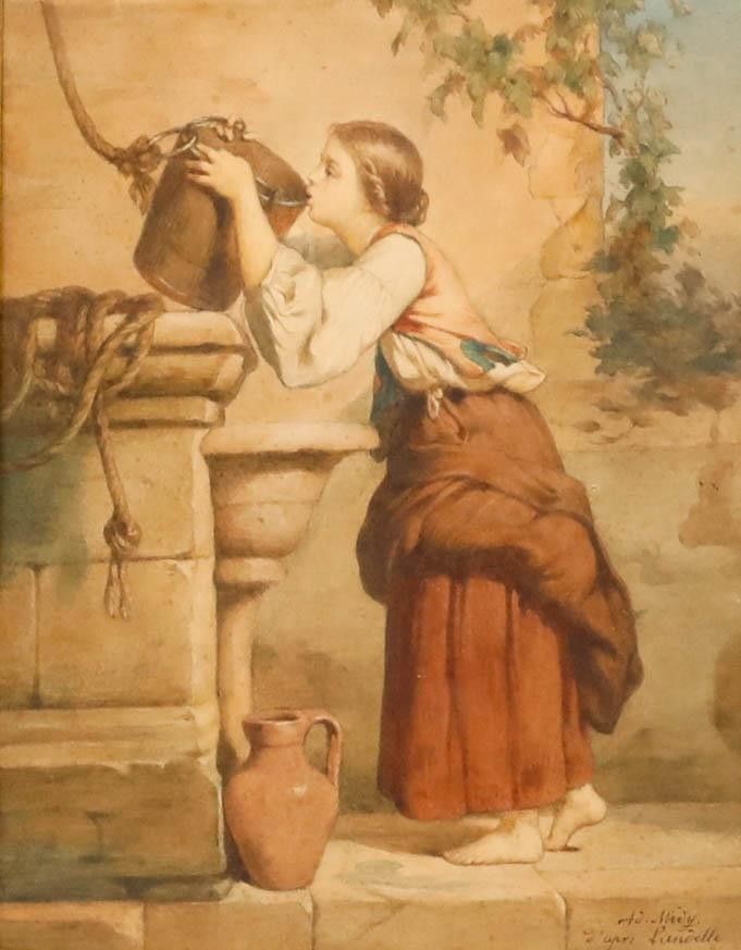 Theophile Adolphe Midy (B.1821) Late 19th Century Watercolour Girl Drinking photo furniture