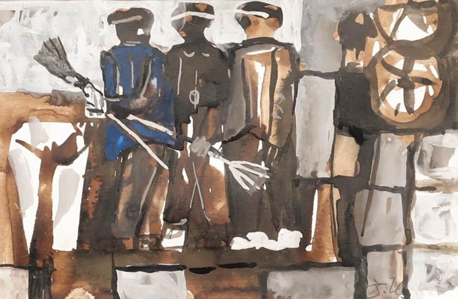 Dorde (Djordje) Ilic (1920 2010) 20th Century Gouache, Street Sweepers photo furniture