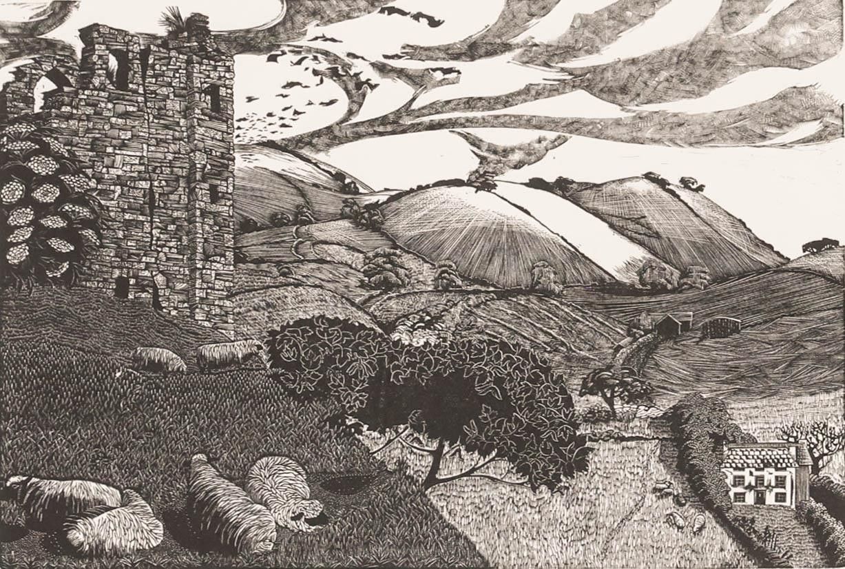 Sarah Van Niekerk (1934 2018) 20th Century Wood Engraving, Clun Castle photo furniture