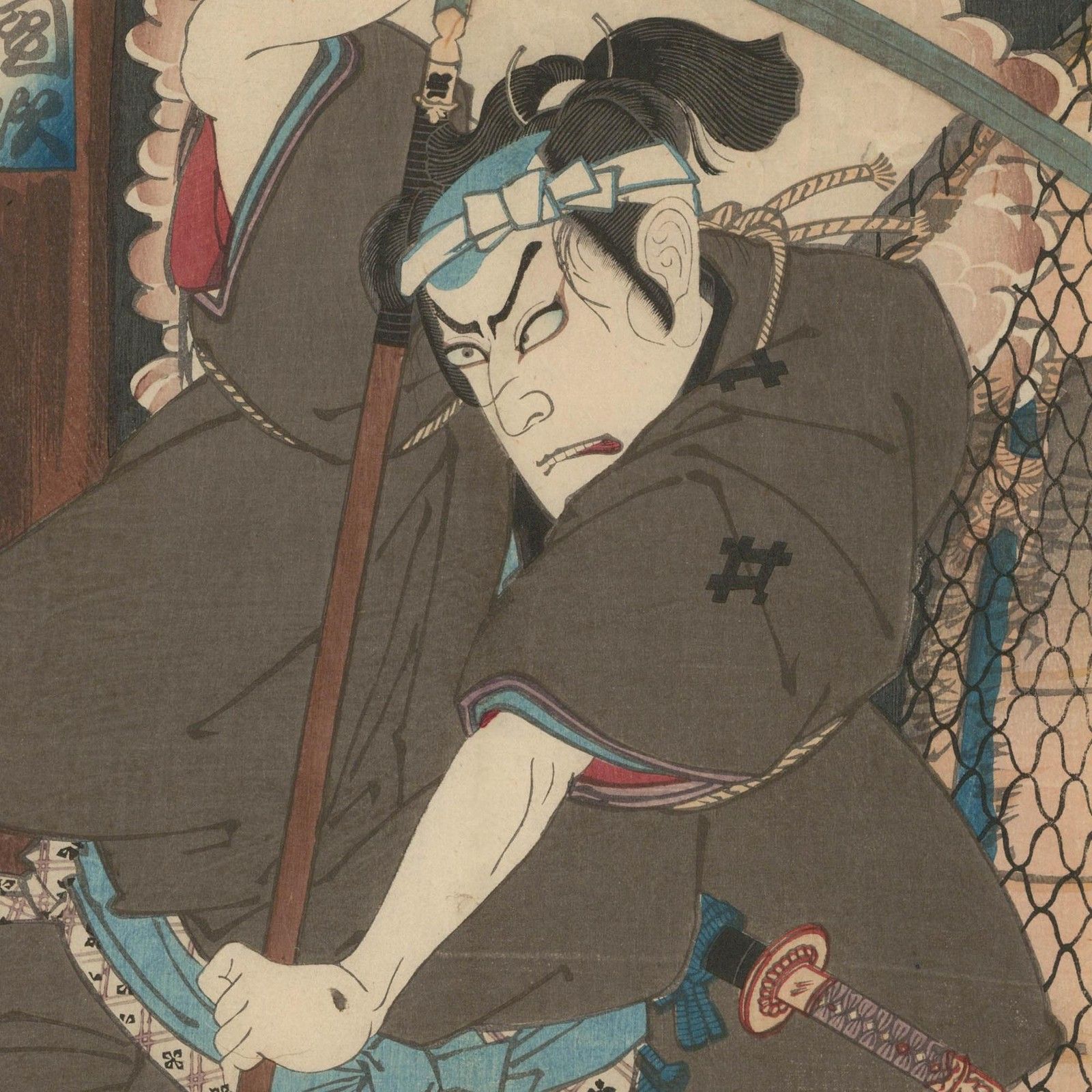 Toyohara Kunichika (1835 1900) Japanese Woodblock, Kabuki Samurai II photo for sale