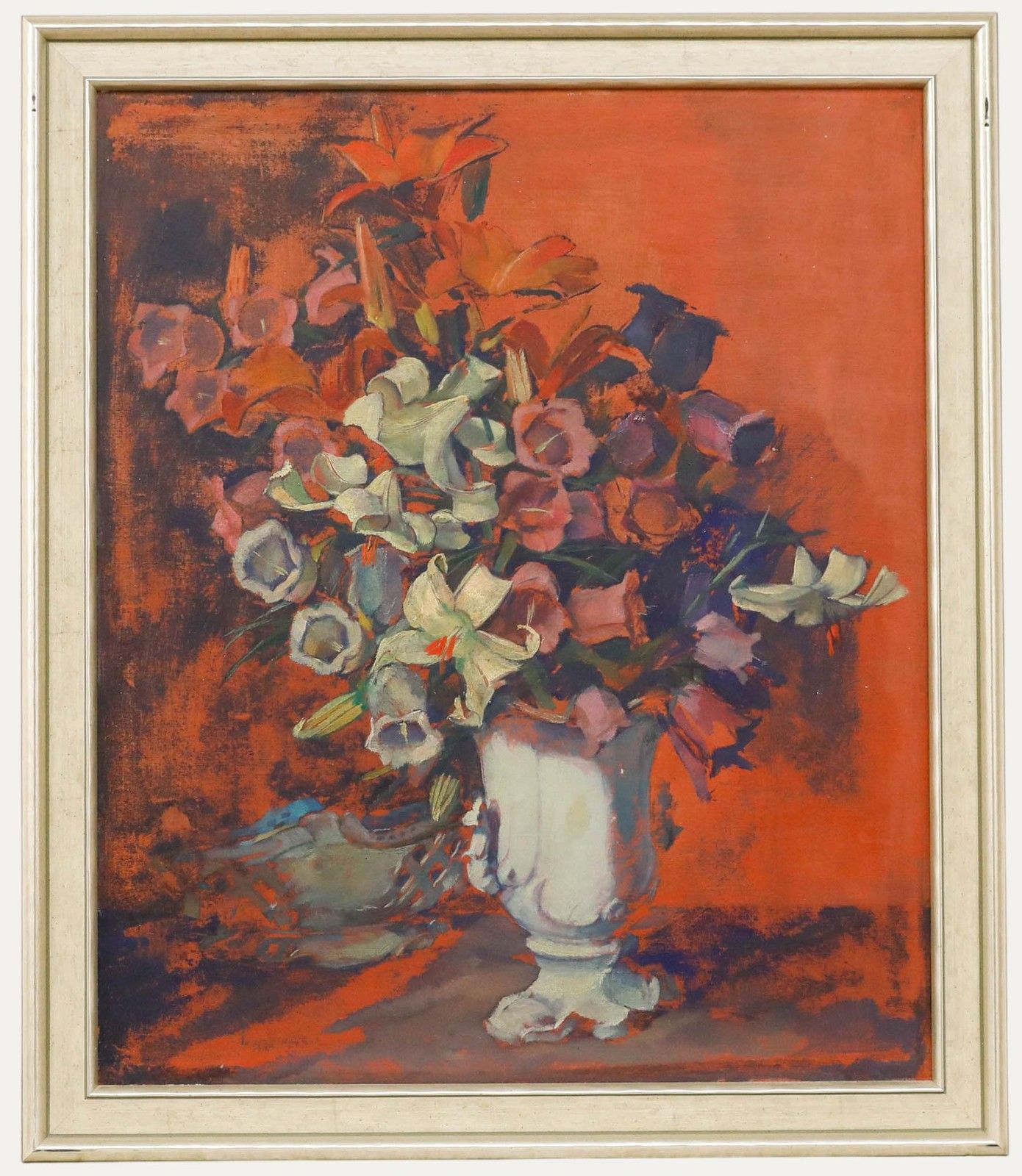 Mid 20th Century Oil Lilies In Porcelain Vase