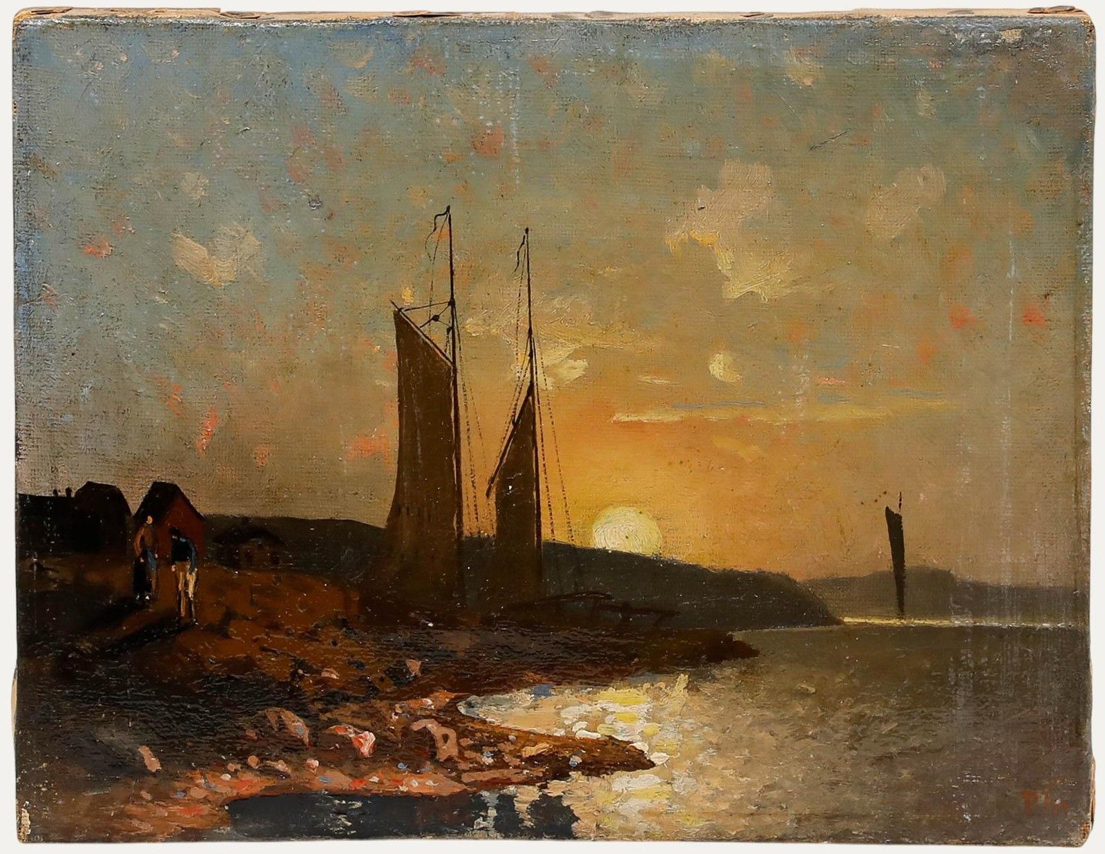 1887 Oil Beached Fishing Boats At Sunset