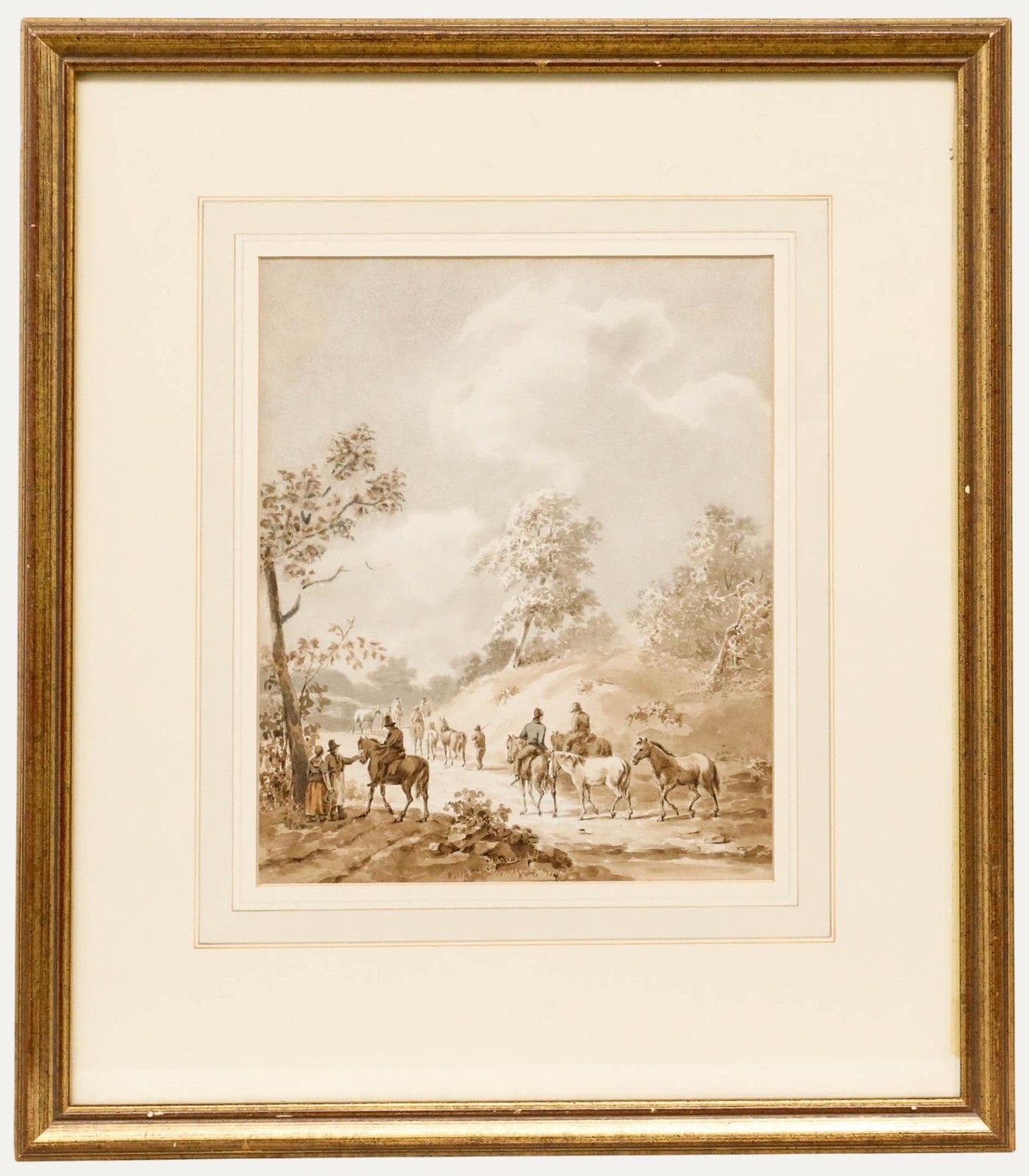 French School 19th Century Watercolour Horses And Riders On A Country Lane