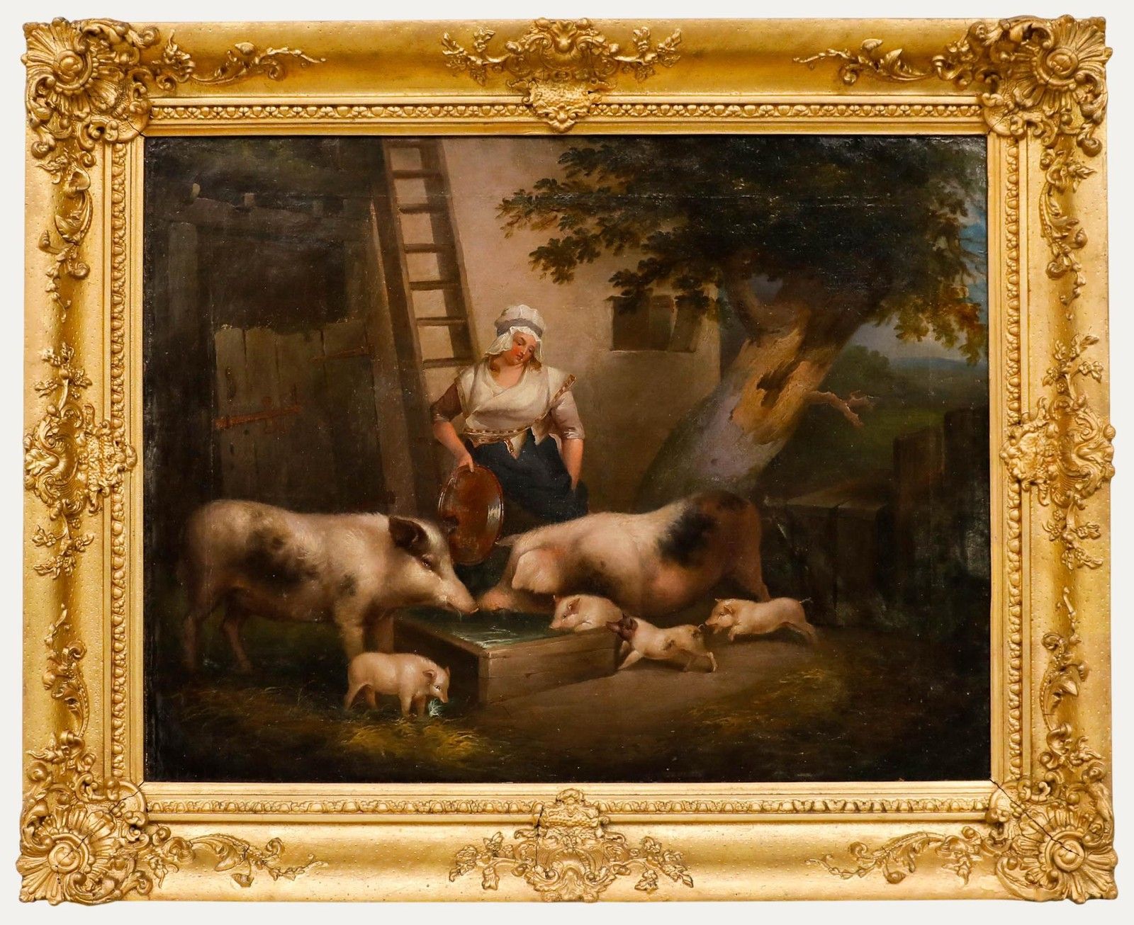 Manner Of George Morland Framed 19th Century Oil, Pigs At A Trough