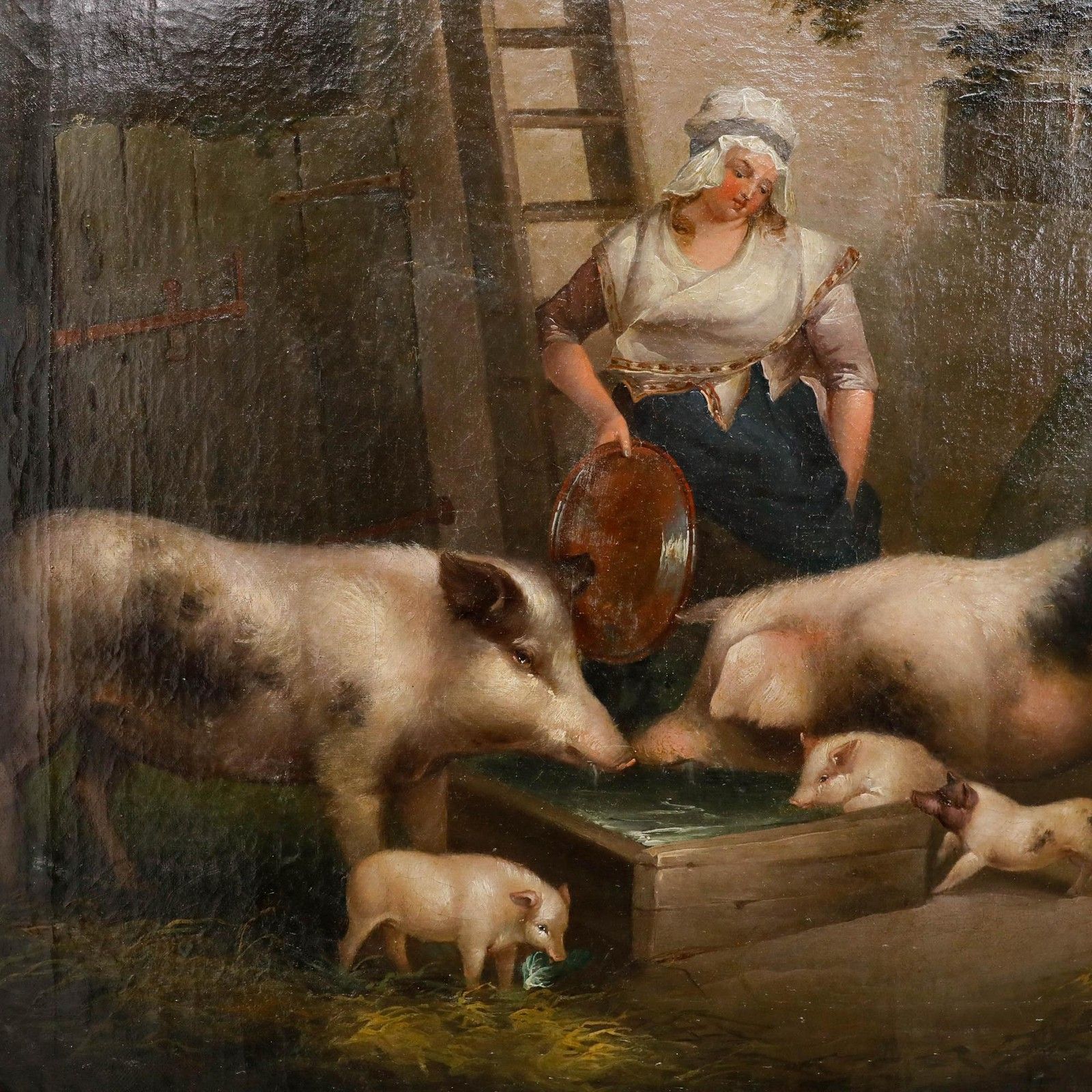 Manner Of George Morland Framed 19th Century Oil, Pigs At A Trough photo Art
