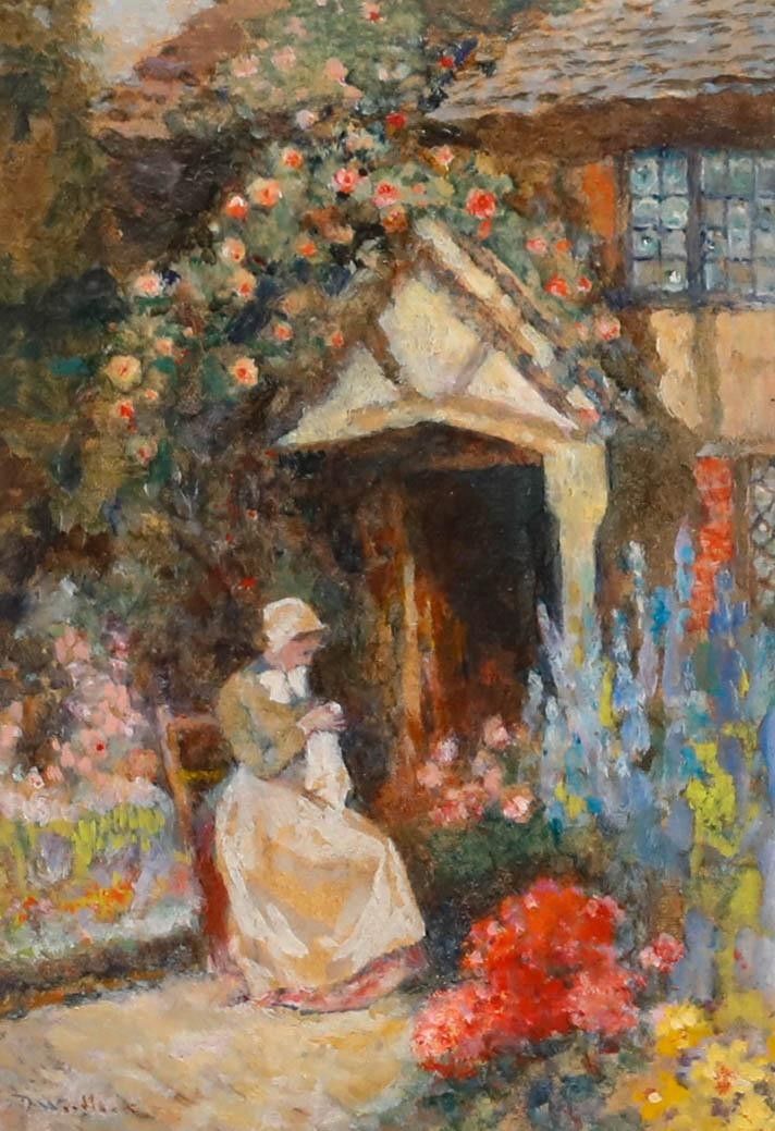 David Woodlock (1842 1929)  Late 19th Century Oil, Sewing Amongst The Flowers photo furniture