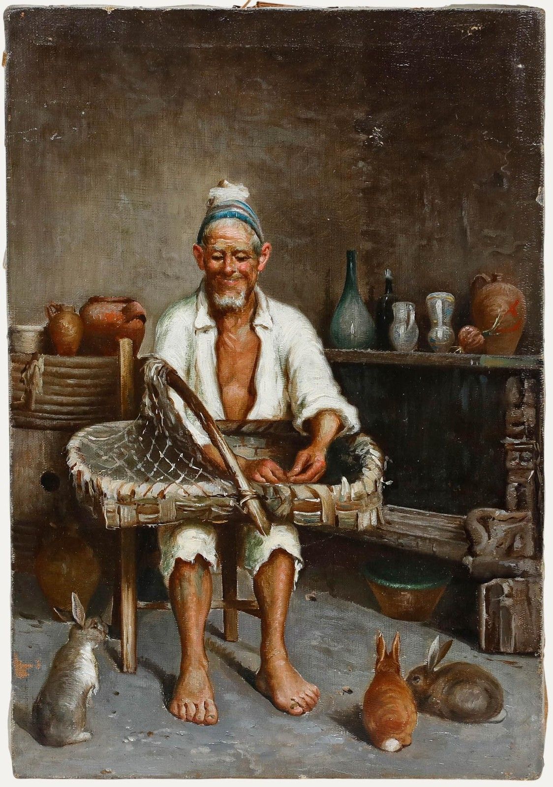 Italian School Early 20th Century Oil The Rabbit Catcher