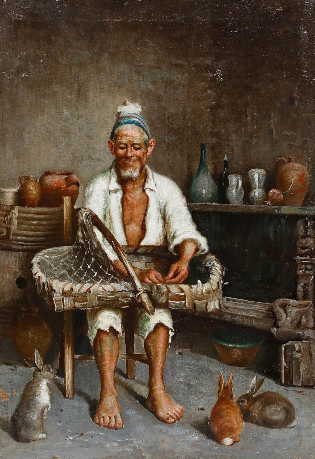 Italian School Early 20th Century Oil The Rabbit Catcher photo furniture