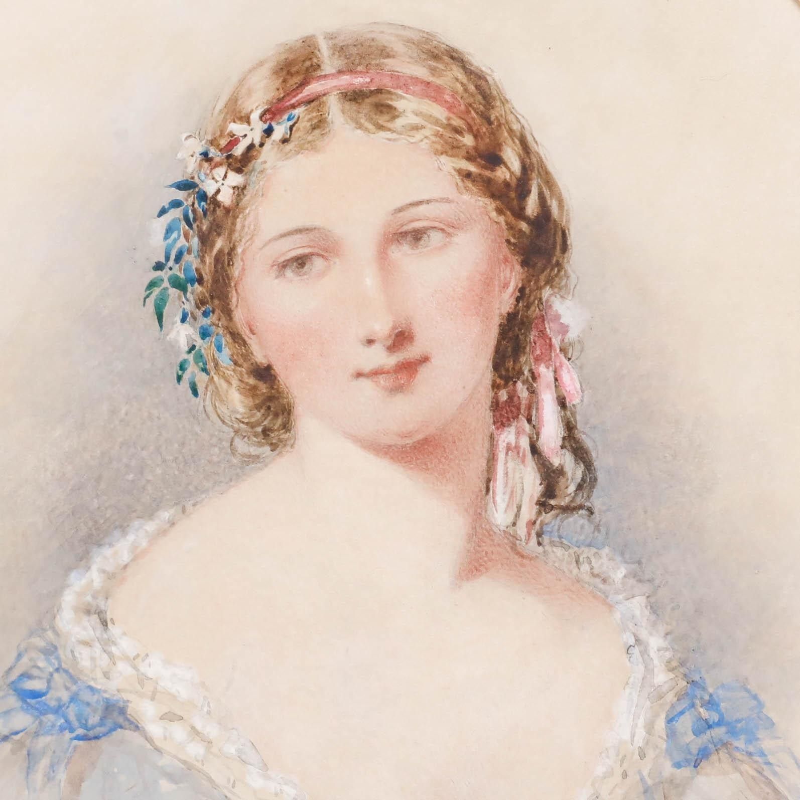 Henry E. Hobson (1820 1881) 1866 Watercolour, Portrait Of A Young Lady In Blue photo Art