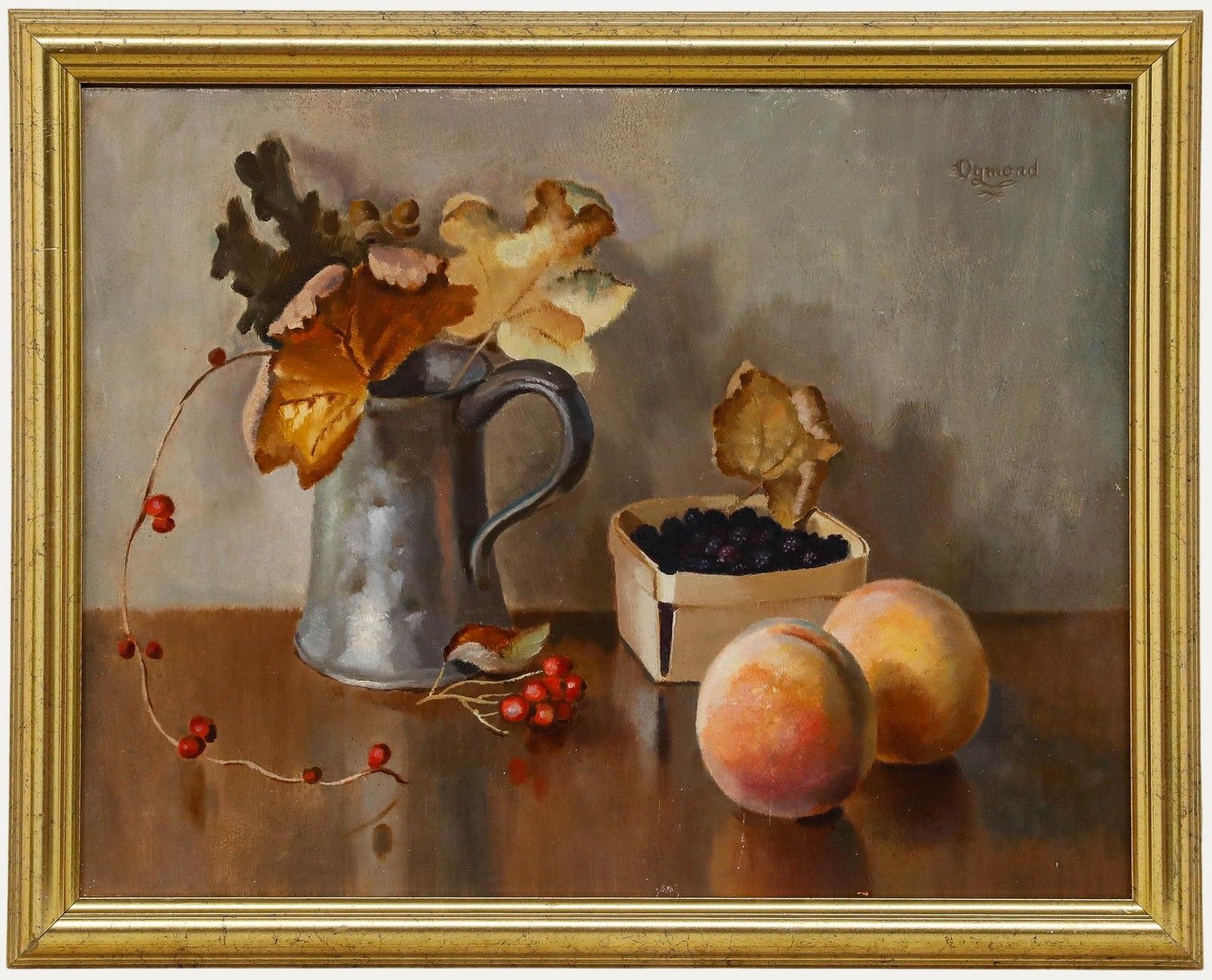 Frederick Dymond (1902 1981)  Framed Oil, Still Life Of A Pewter Tankard & Fruit