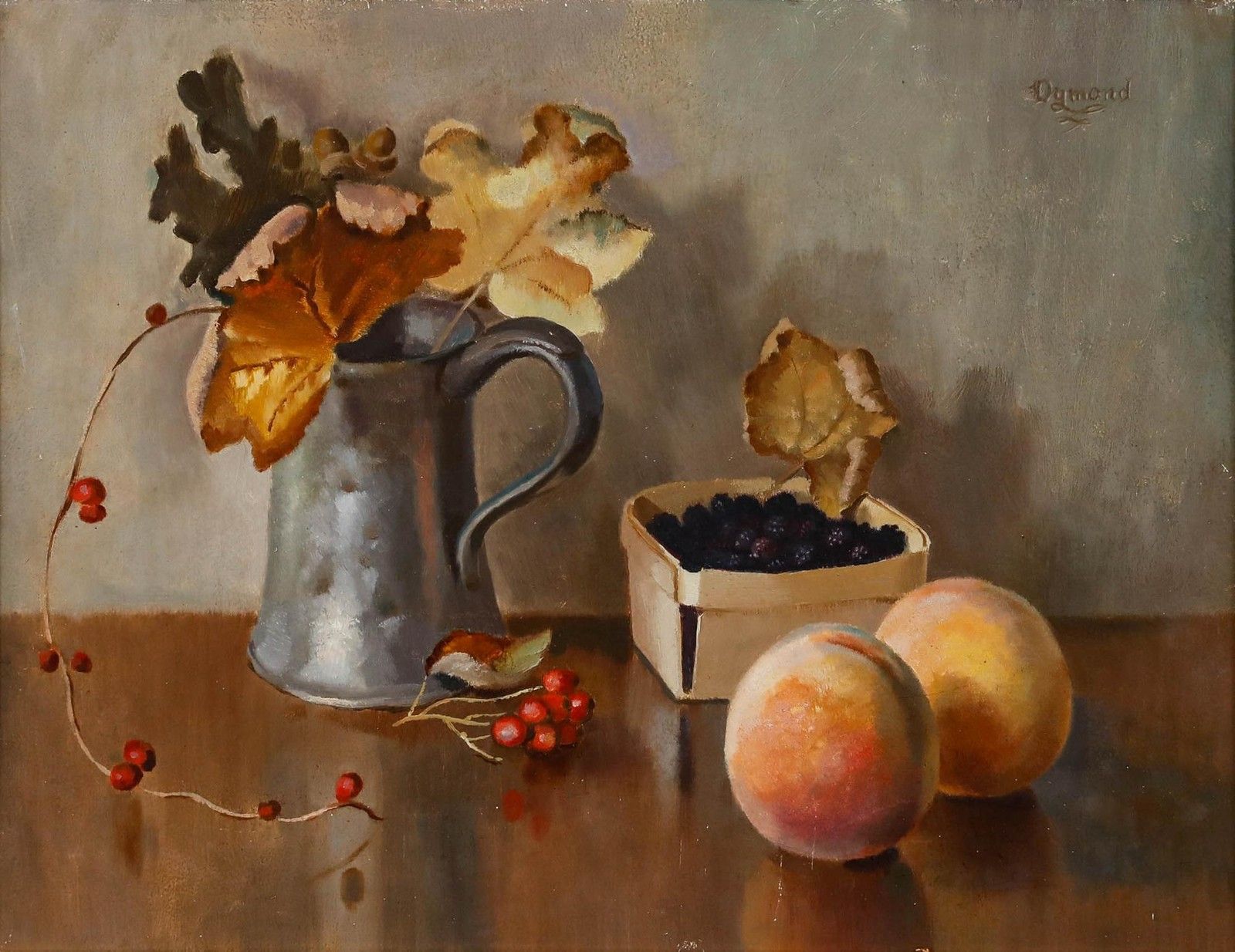 Frederick Dymond (1902 1981)  Framed Oil, Still Life Of A Pewter Tankard & Fruit photo furniture
