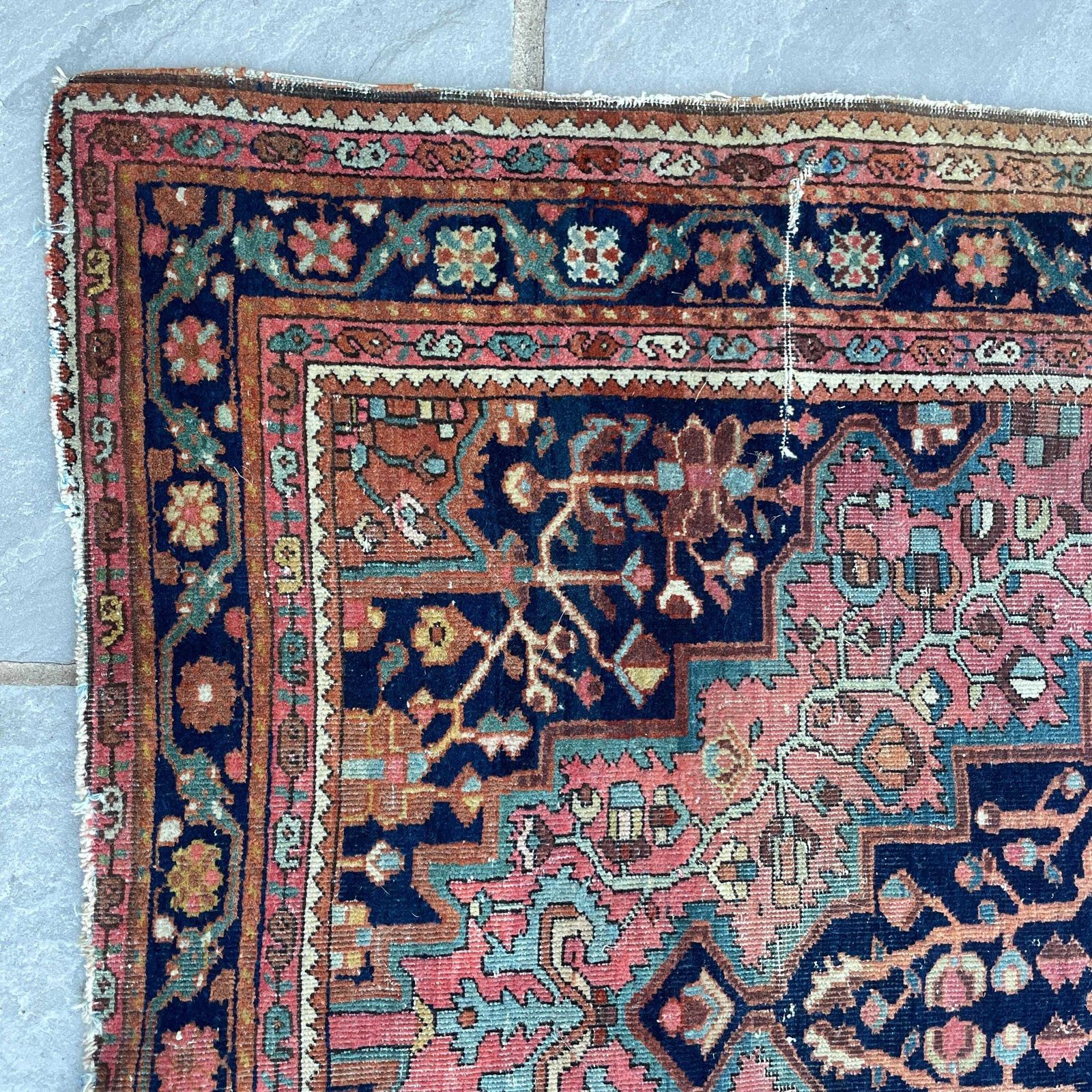 Antique Heriz Wool Rug Blue Terracotta Geometric Pattern Hand Knotted Area Carpet Middle Eastern Central Medallion Handmade Floor Decor photo for sale