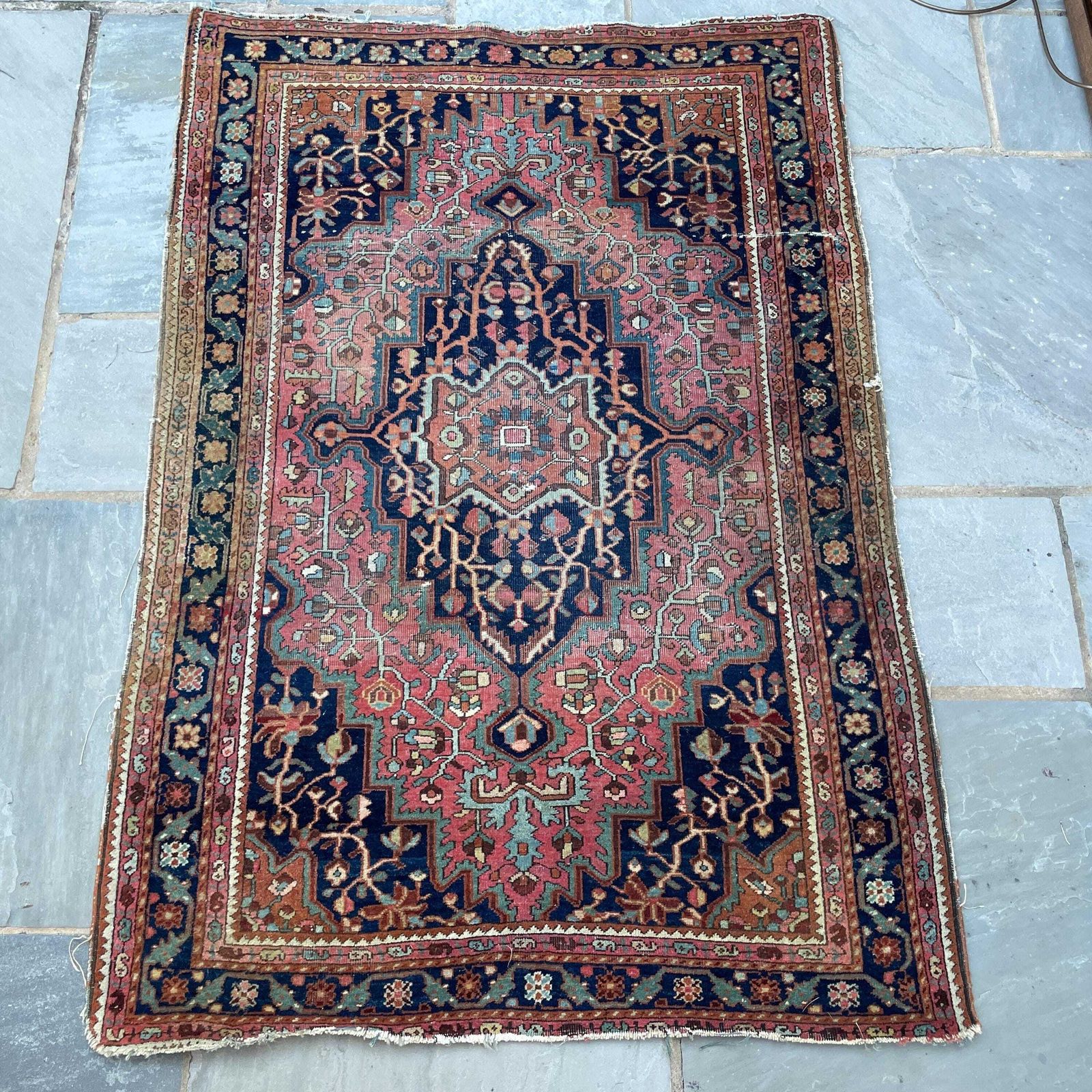Antique Heriz Wool Rug Blue Terracotta Geometric Pattern Hand Knotted Area Carpet Middle Eastern Central Medallion Handmade Floor Decor photo vintage