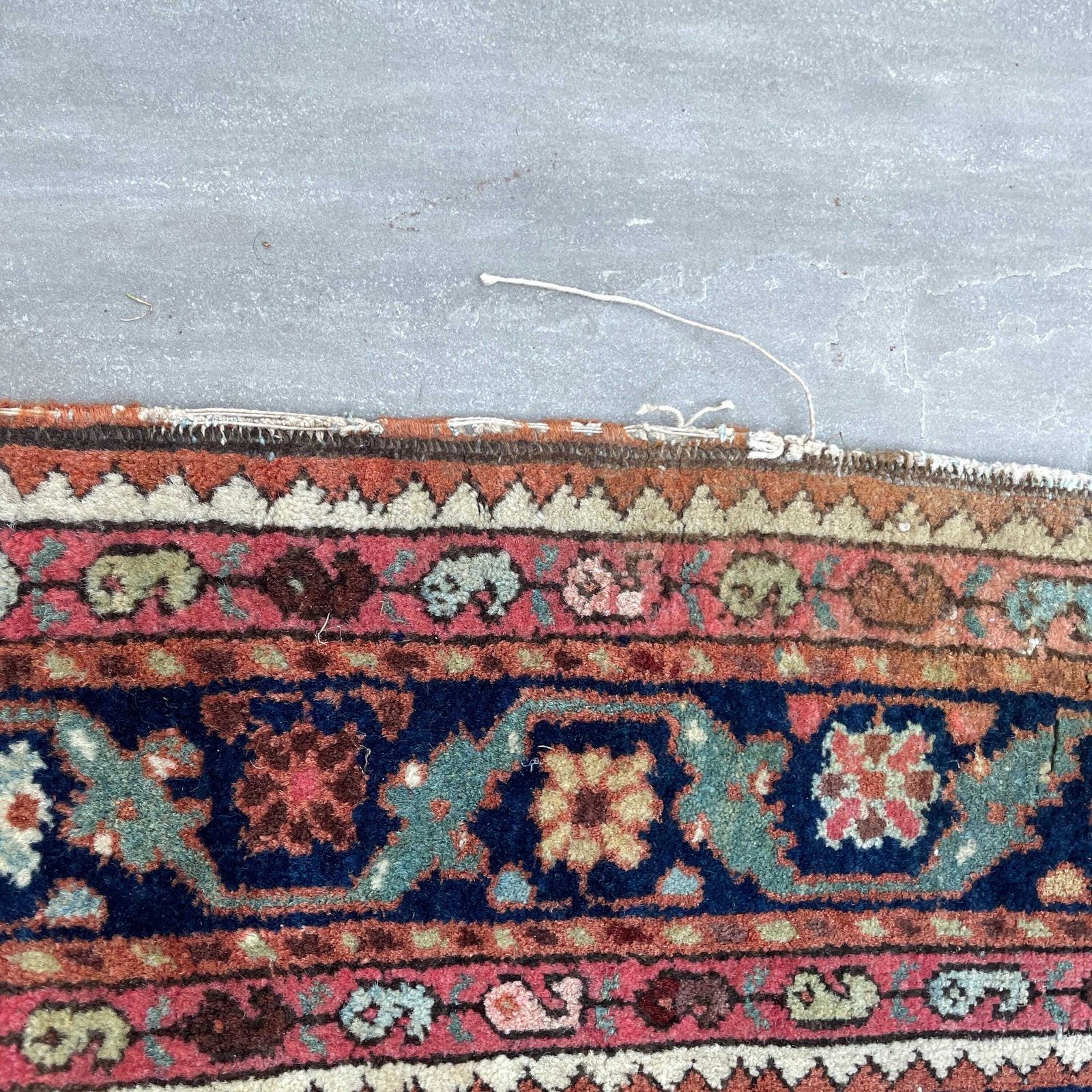photo for sale Antique Heriz Wool Rug Blue Terracotta Geometric Pattern Hand Knotted Area Carpet Middle Eastern Central Medallion Handmade Floor Decor