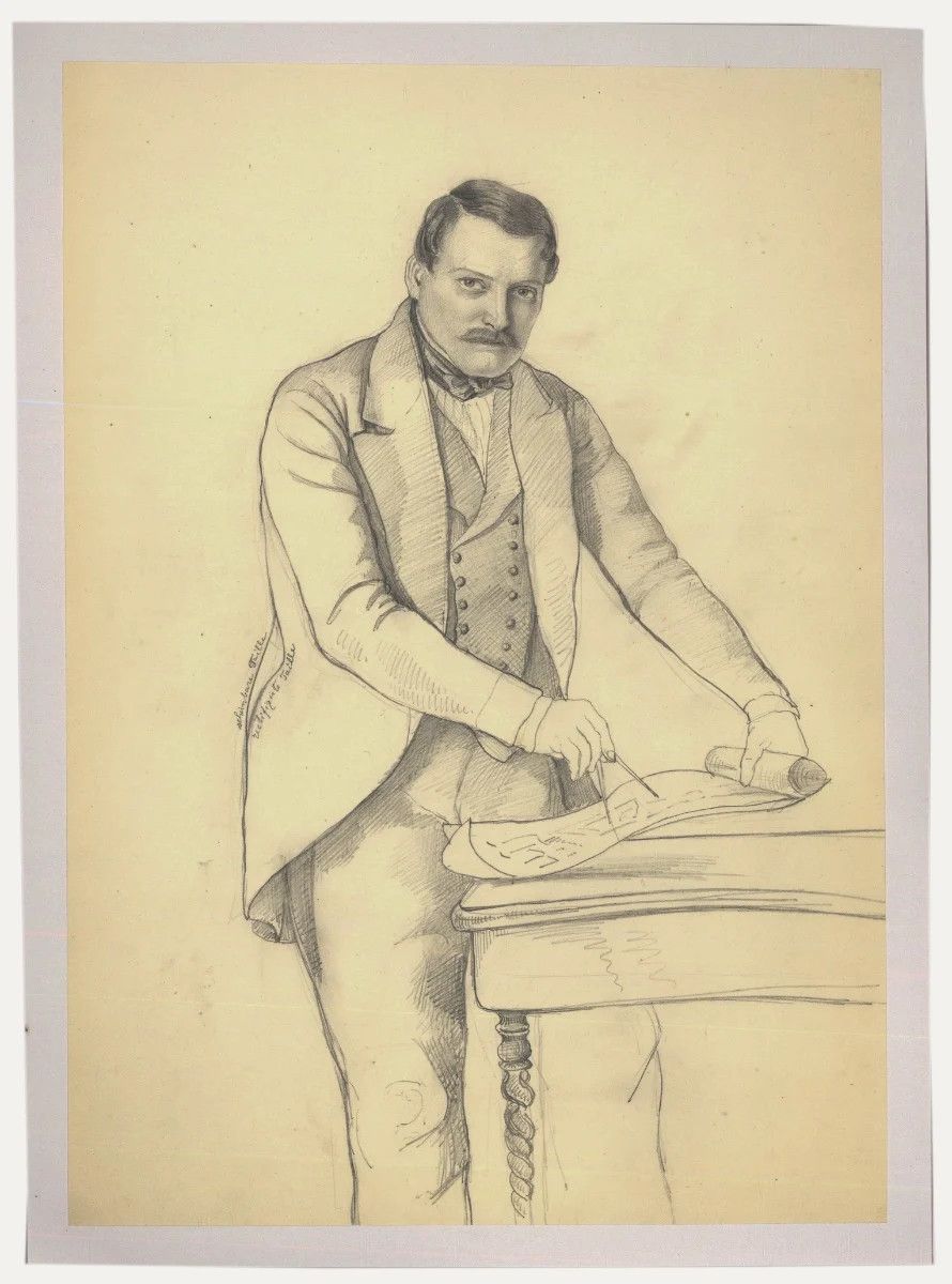 Charlotte Berlichingen Mid 19th Century Graphite Drawing, Gentleman With Compass
