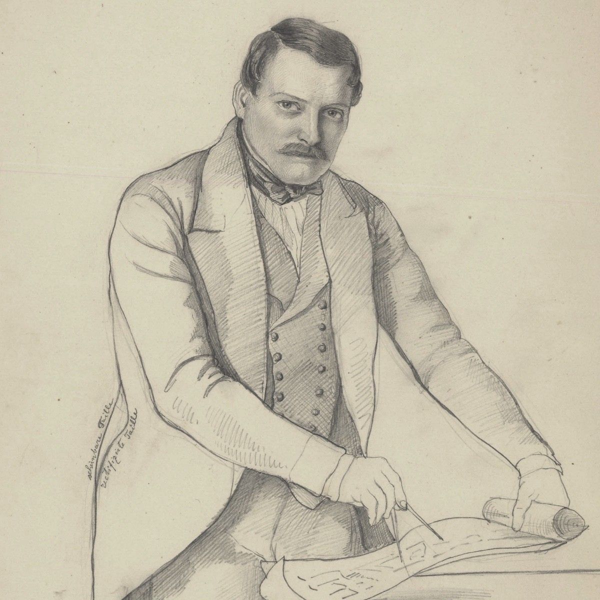 Charlotte Berlichingen Mid 19th Century Graphite Drawing, Gentleman With Compass photo for sale