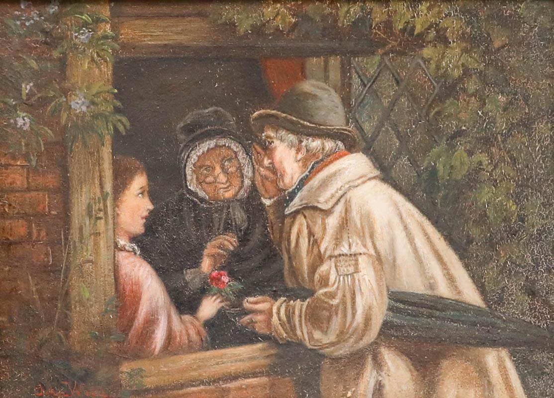John Wood Framed 19th Century Oil, Village Gossips photo furniture