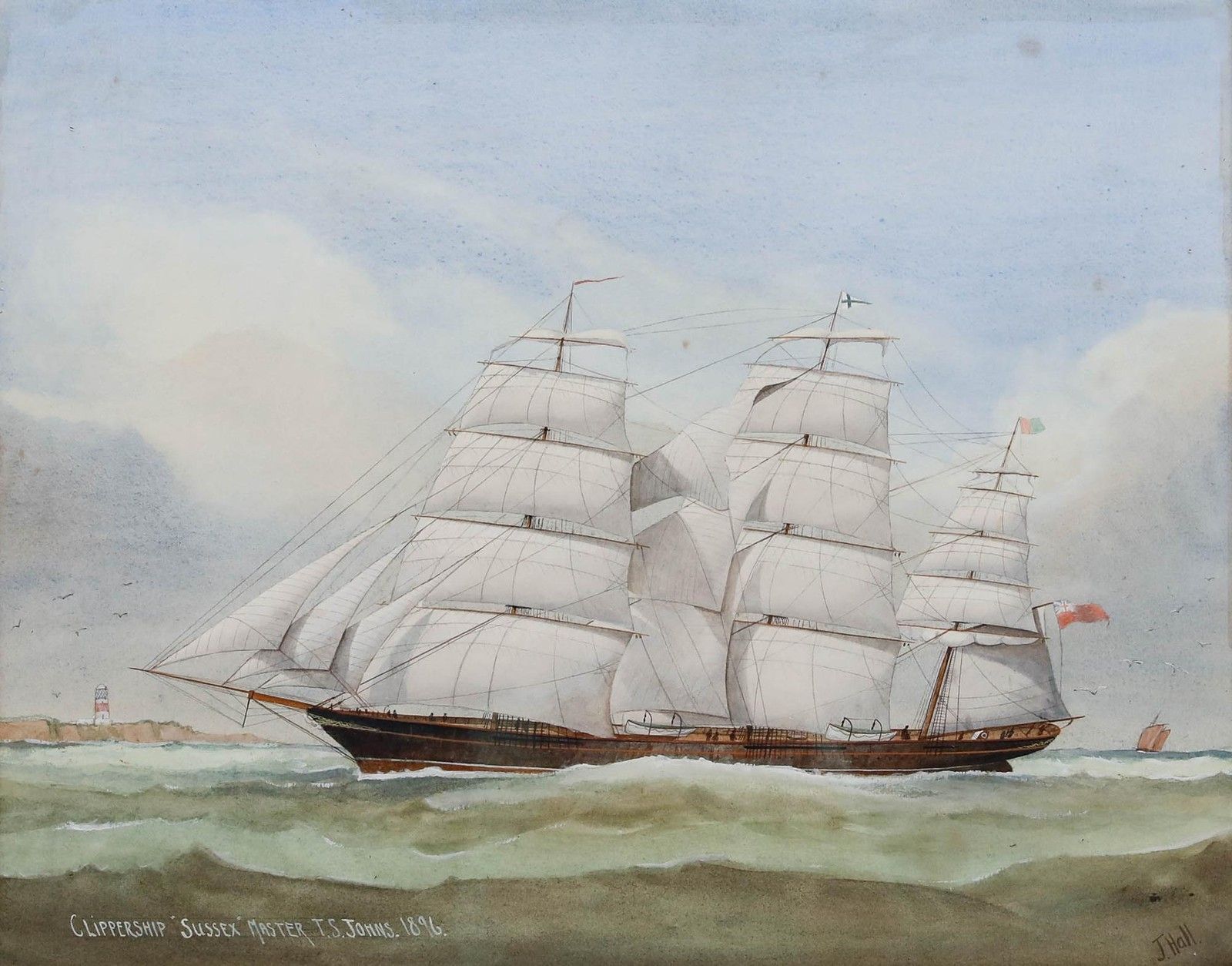 J. Hall Framed Late 19th Century Watercolour, Clippership Sussex photo furniture