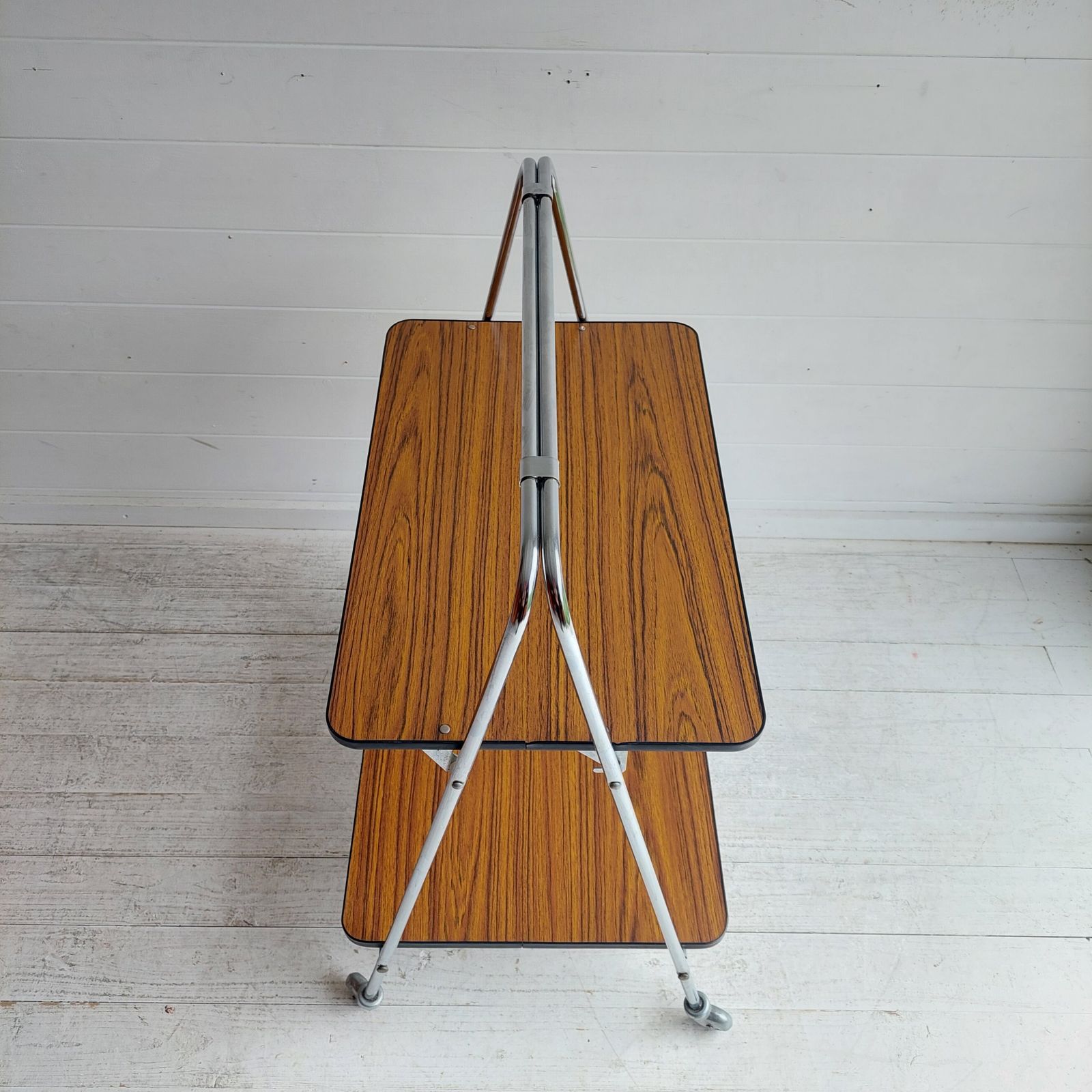 photo buy Mid Century Folding Teak Effect Formica Drinks Trolley Retro Chrome Bar Cart Germany 70s