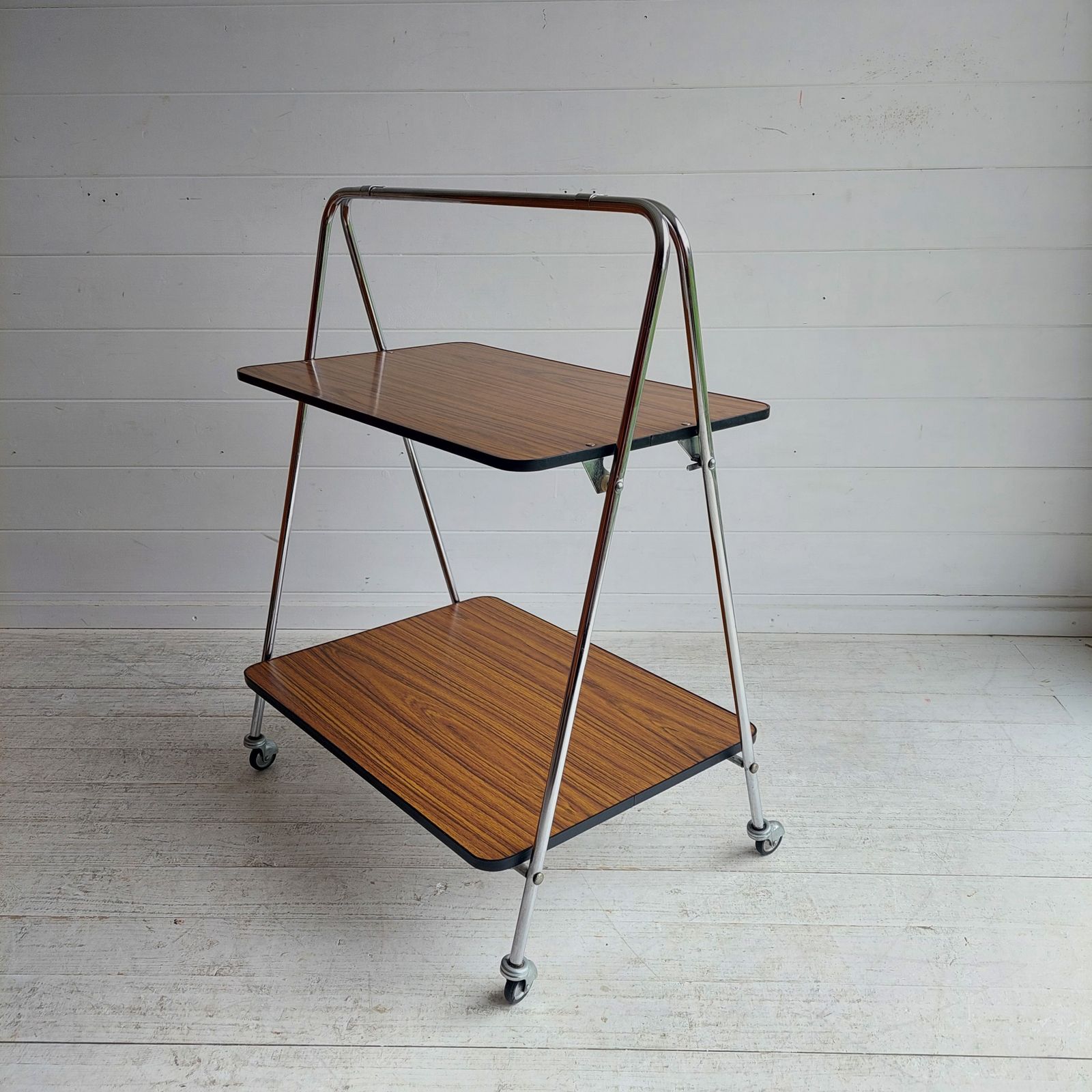 Mid Century Folding Teak Effect Formica Drinks Trolley Retro Chrome Bar Cart Germany 70s photo 165.0