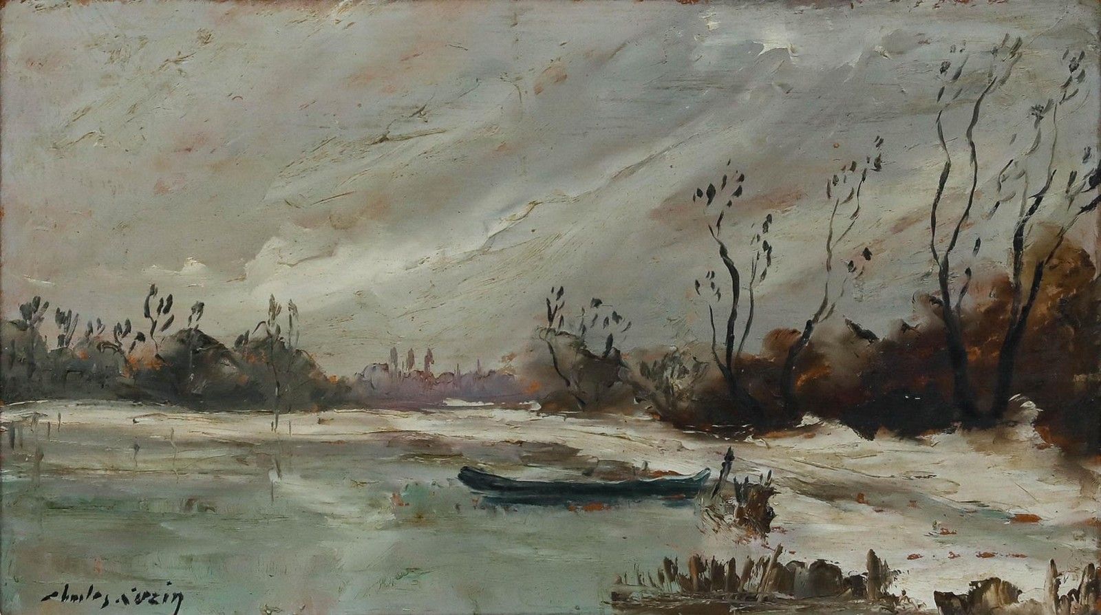 Charles Cuzin (1907 1975) Mid 20th Century Oil, Frozen Lake Scene photo furniture